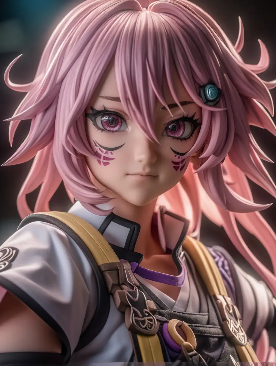 (cinematic lighting) Mitsuri Kanroji is the Love Hashira of the Demon Slayer Corps. She is shy, gentle, bubbly, and has eight times the muscle density of an average human, in action, full body photo, angle from below, intricate details, detailed face, detailed eyes, hyper realistic photography