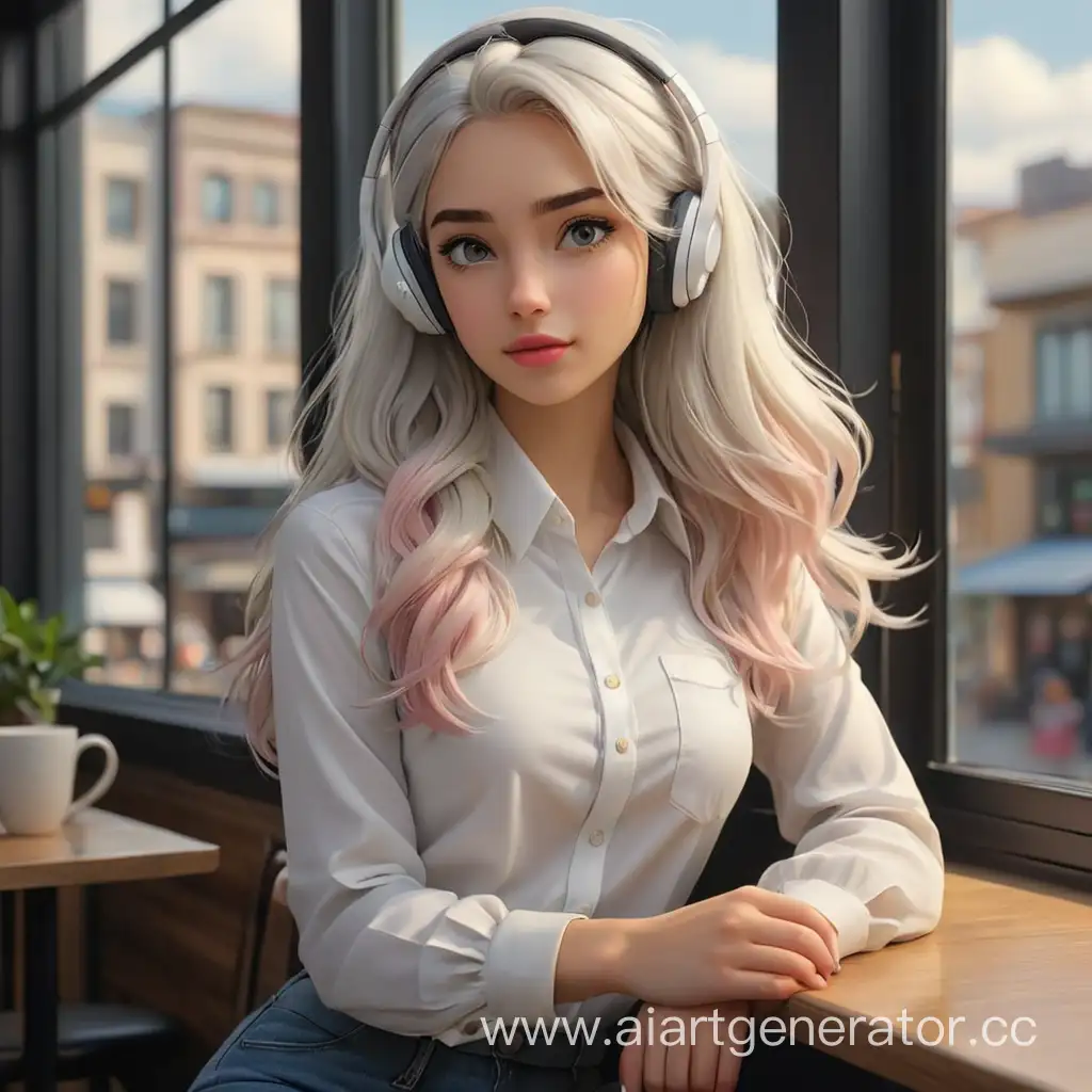 ((Generate hyper realistic full body image young beautiful girl 18 years old, white hair, long hair, light pink lipstick on lips, make-up on face, normal eyes,  sitting in cafe near window, looking out window, headphones on head, white office shirt,  jeans, skinny body, five fingers, Extremely Realistic, (((full body))),, darkart,3dmdt1, high quality,  high resolution, 8k