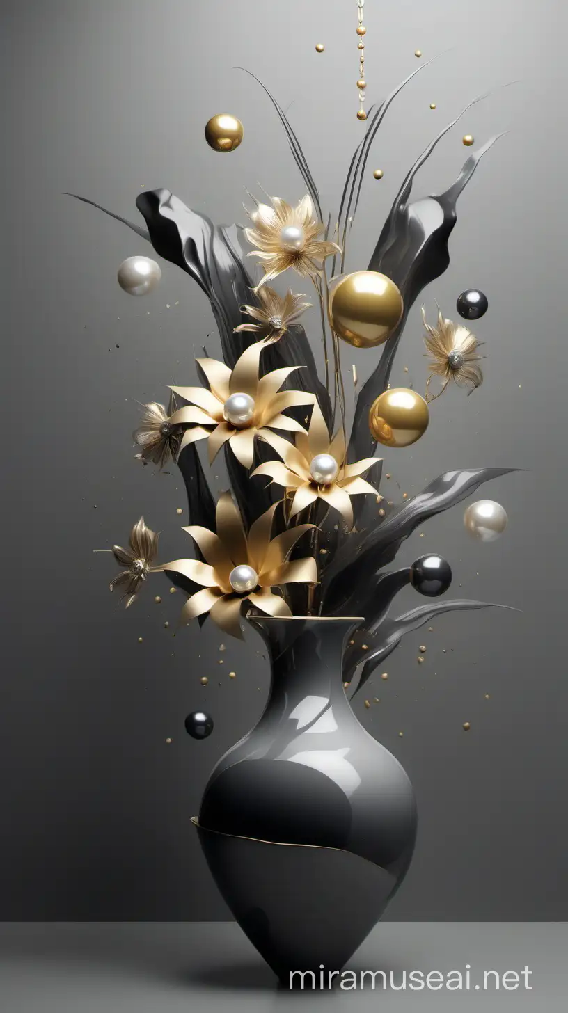a vase with long abstract flowers with dark grey and gold elements and a few large pearls around it. Flying on a grey background