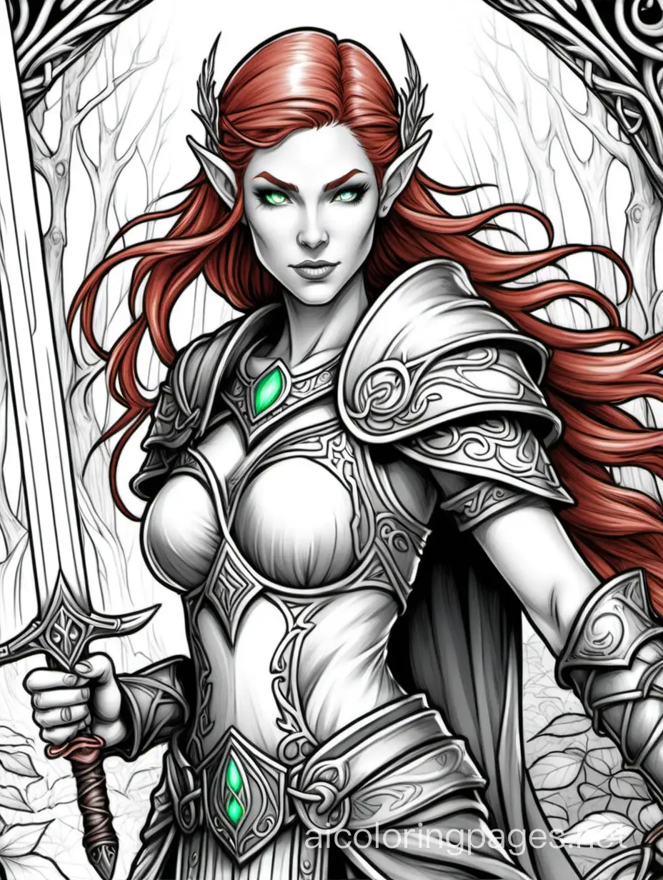coloring book  a close up of a woman with red hair and a sword, wood elf, fantasy card game art, elf queen nissa genesis mage, female druid, beautiful wood elf, beautiful female druid, picture of female paladin, keyleth, faeornran, epic fantasy card game art, world of warcraft elven druid, elven warrior princess, Coloring Page, black and white, line art, white background, Simplicity, Ample White Space. The background of the coloring page is plain white to make it easy for young children to color within the lines. The outlines of all the subjects are easy to distinguish, making it simple for kids to color without too much difficulty