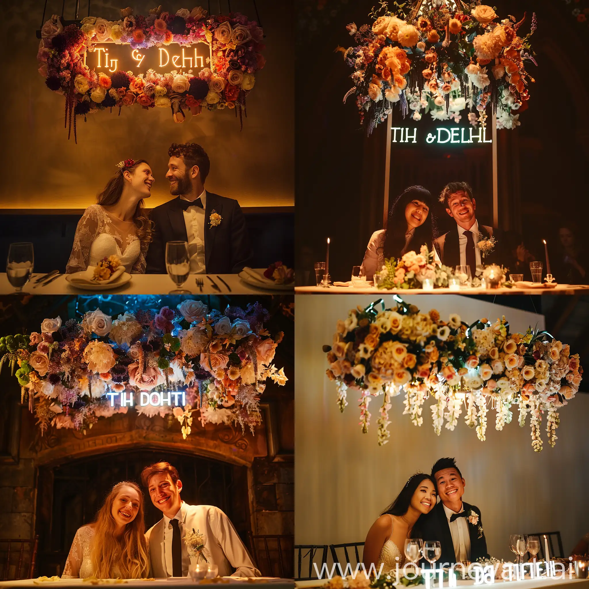 Generate a wedding hall in a Gothic style. The bride and groom are sitting at the table, smiling and clearly in love. Above them is a structure of flowers and a glowing inscription: 'Til death.