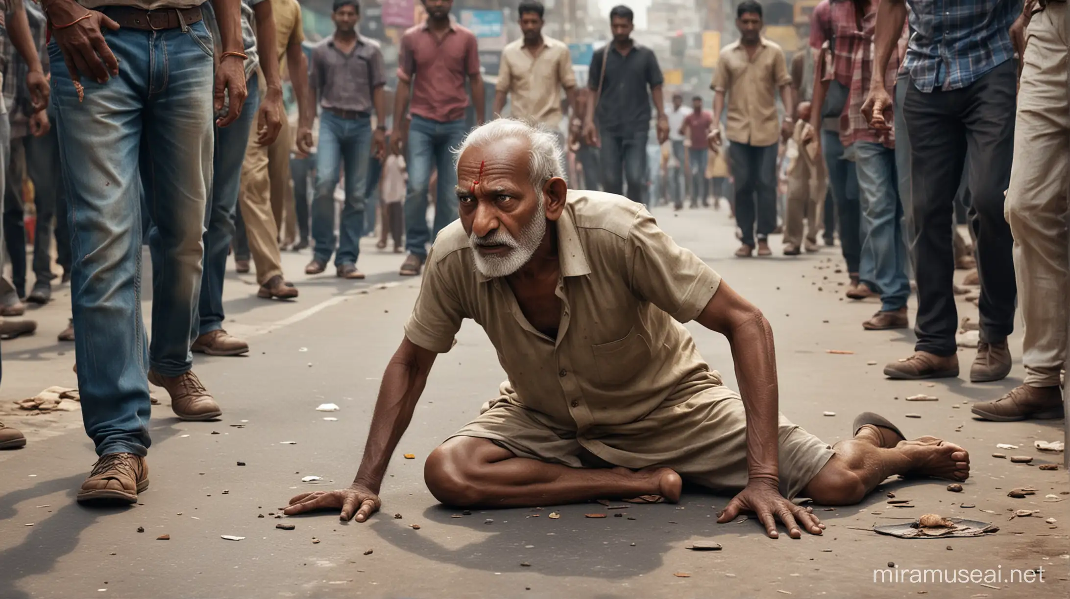The indian crowd beat up the old man on street, hyper realistic, hyper detailed
