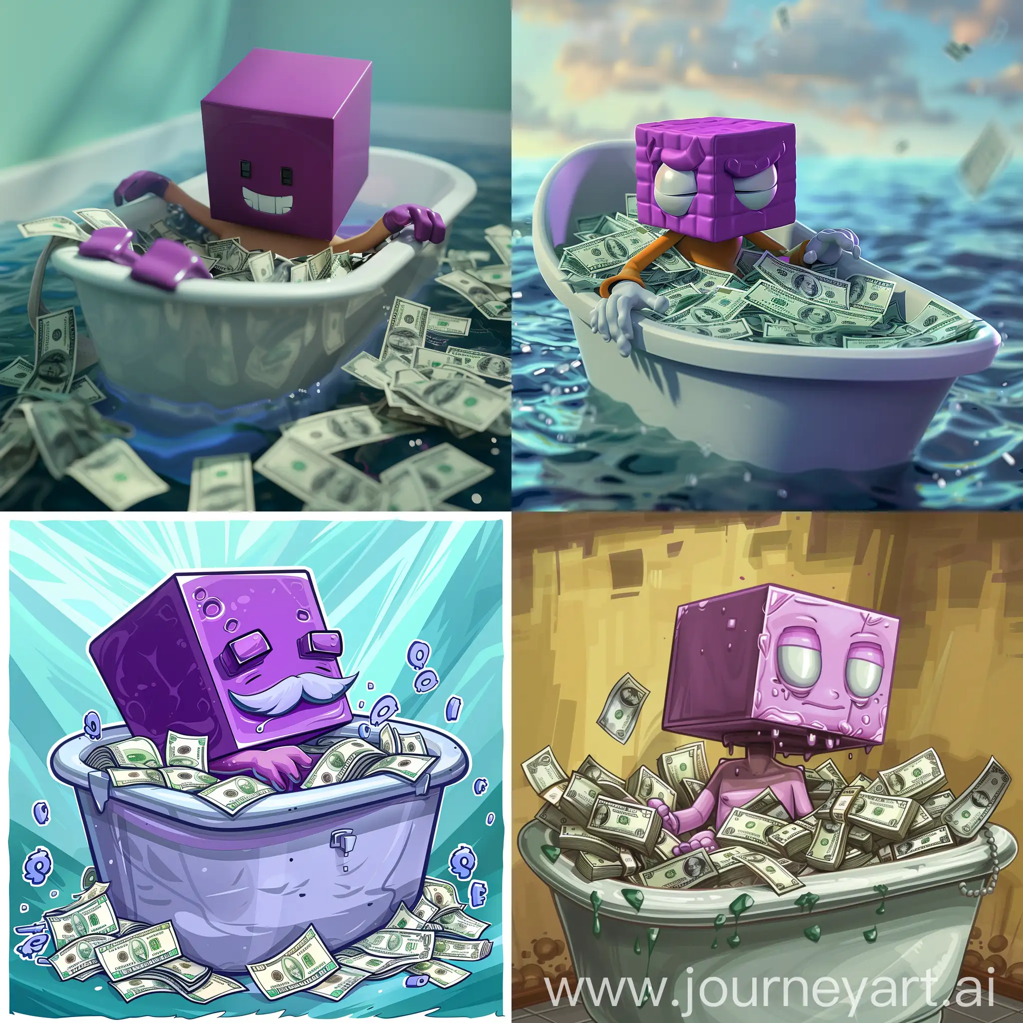 A character with a purple cube head seat in a bath tube full of dollars 