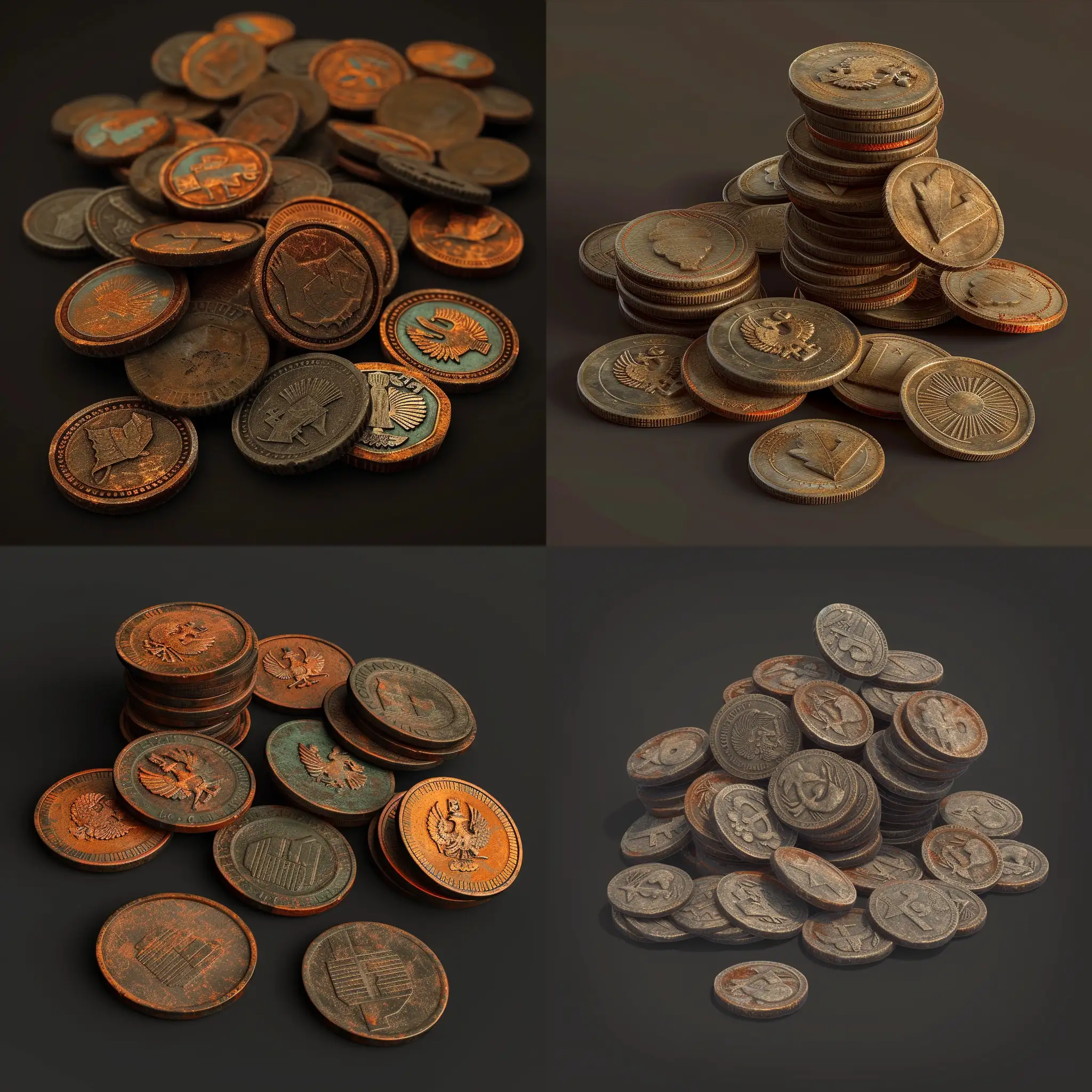 isometric set, realistic worn bunch of old soviet coins, 3d render, stalker style