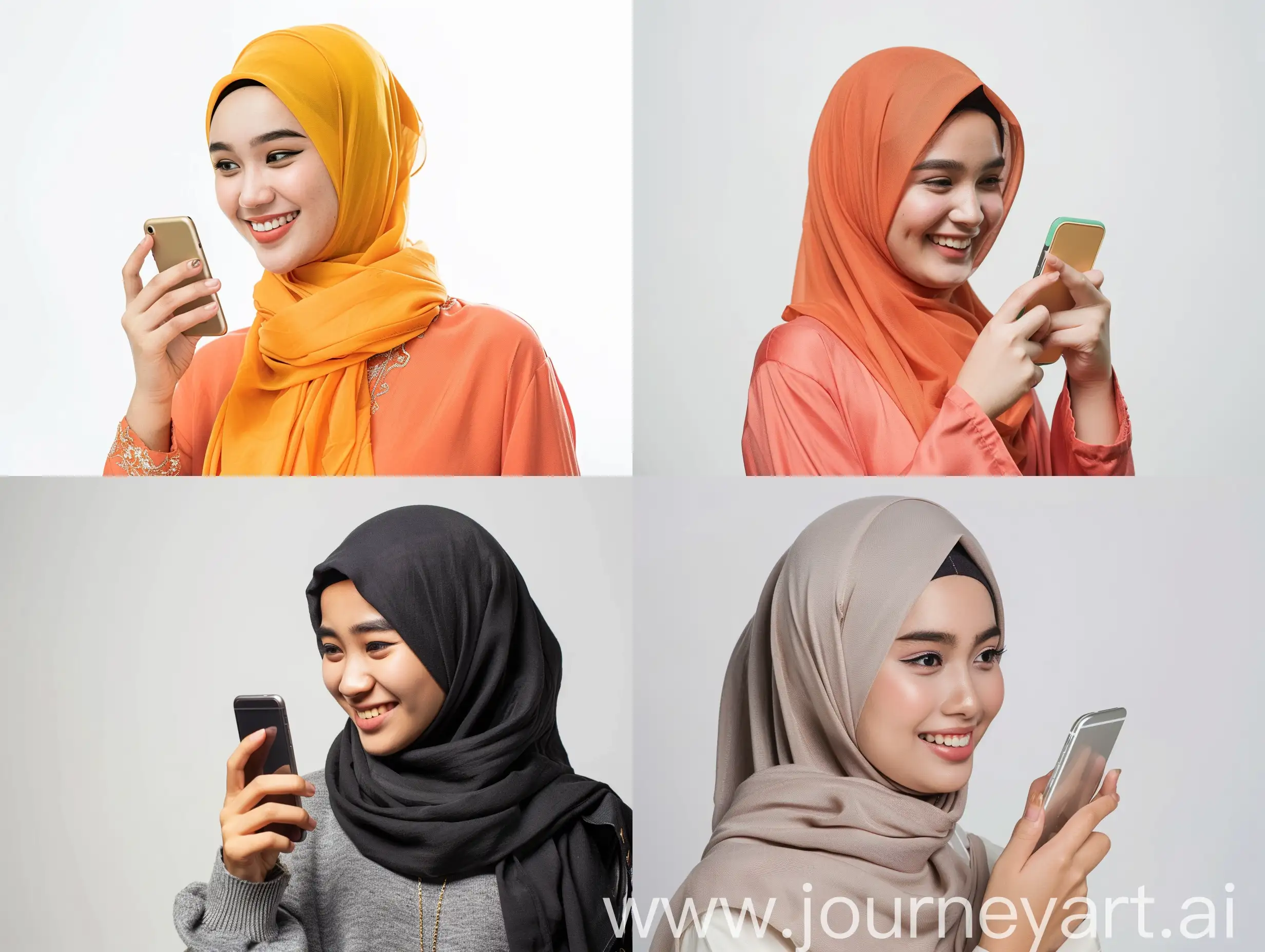 Smiling young asian muslim woman using a mobile phone and looking away isolated over white background 