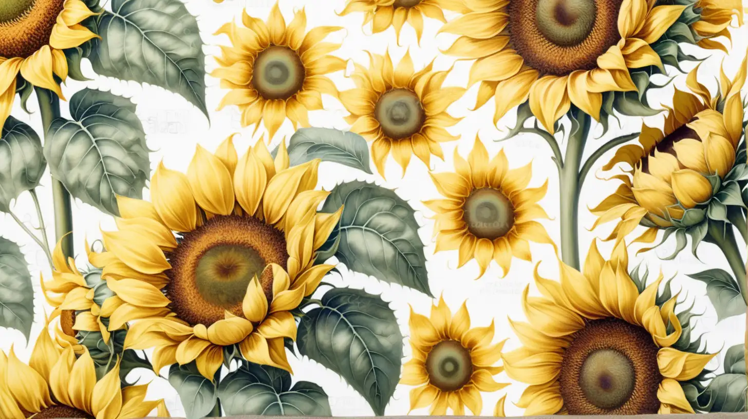 Sunflowers flowers  pattern, in the style of opaque resin panels, peaceful ambiance, close up, white background, repeating pattern -- ar 15:7

