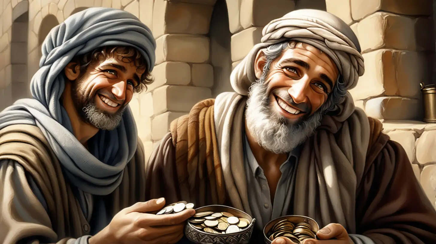 epoque biblique, un bel hébreu souriant avec un foulard sur la tête, un pauvre mandiant triste, l'hébreu souriant donne une bourse remplie de pièces d'argent au mandiant 