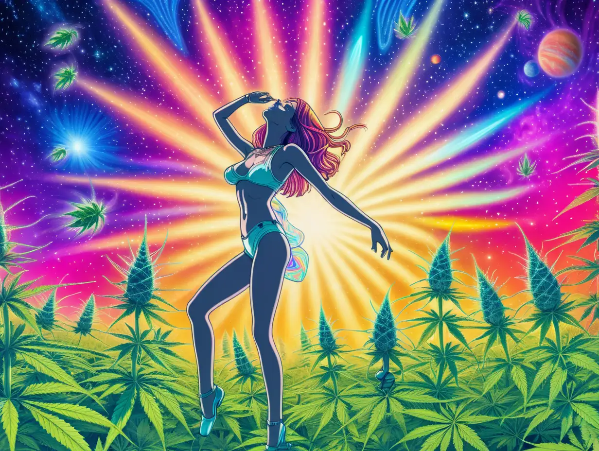 Sexy Woman dancing in a field of cannabis in space with psychedelic visuals and bright colors in the background











