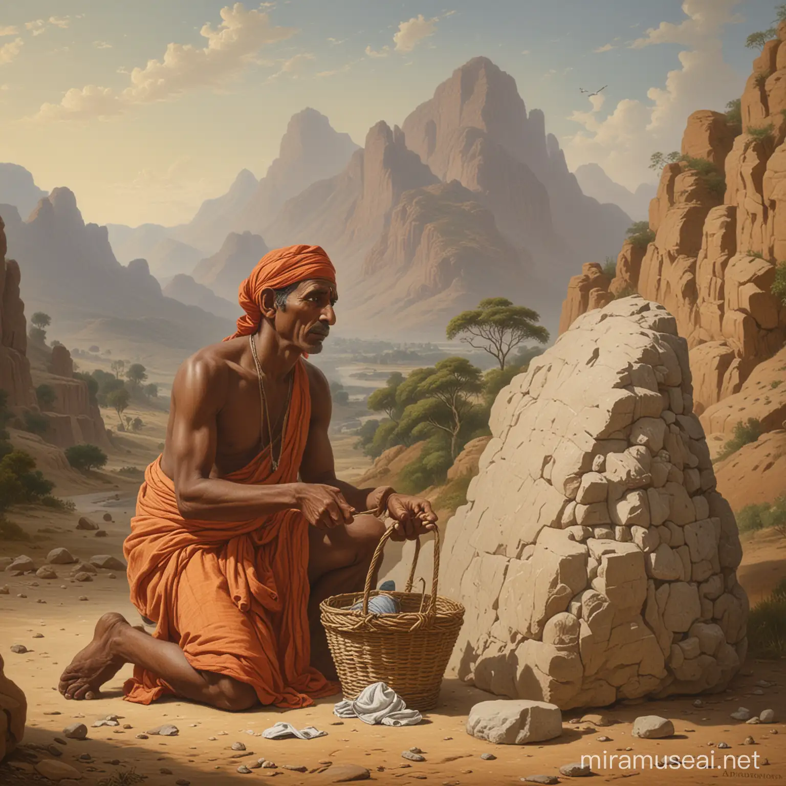 a blind indian washerman looking at a stone idol lying in a basket 