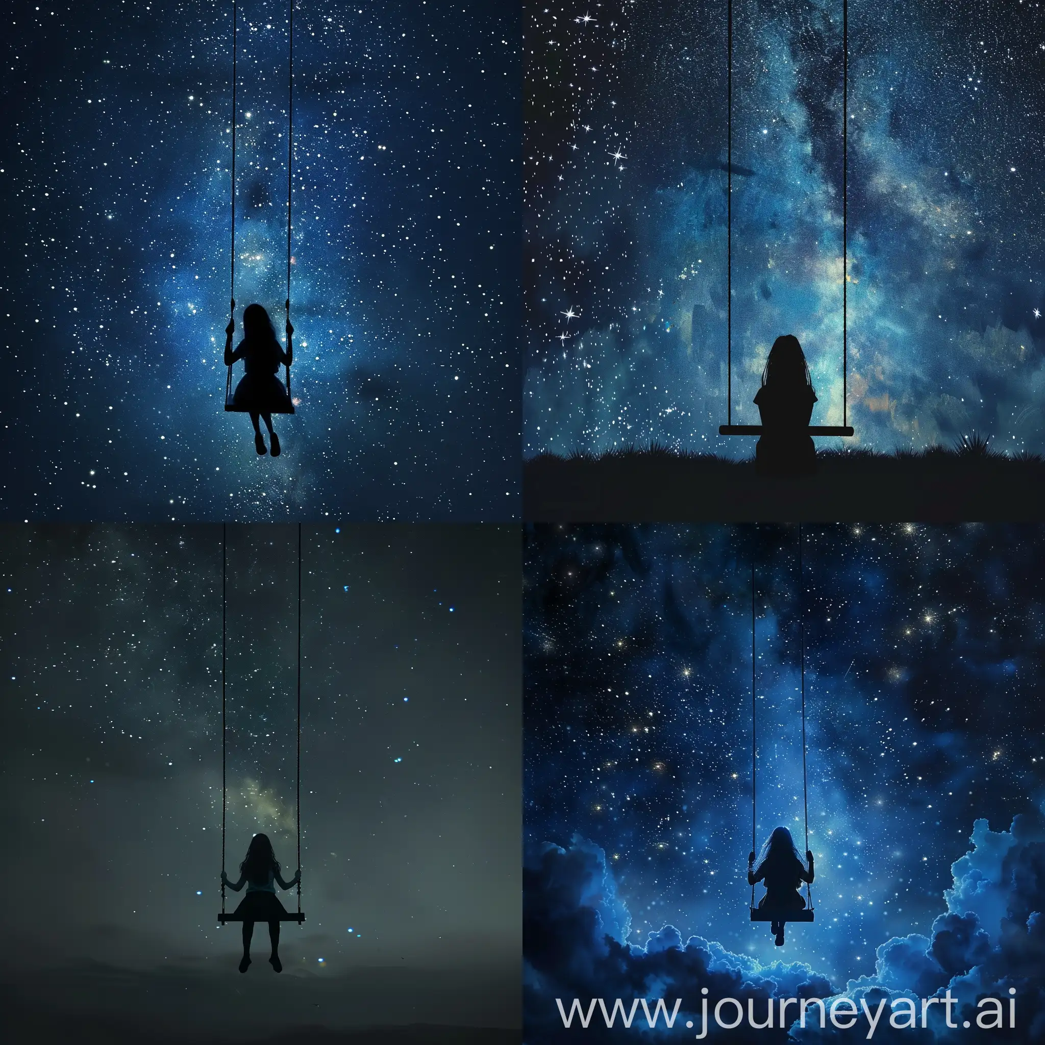 Girl facing the stars on a swing hanging in the dark sky 