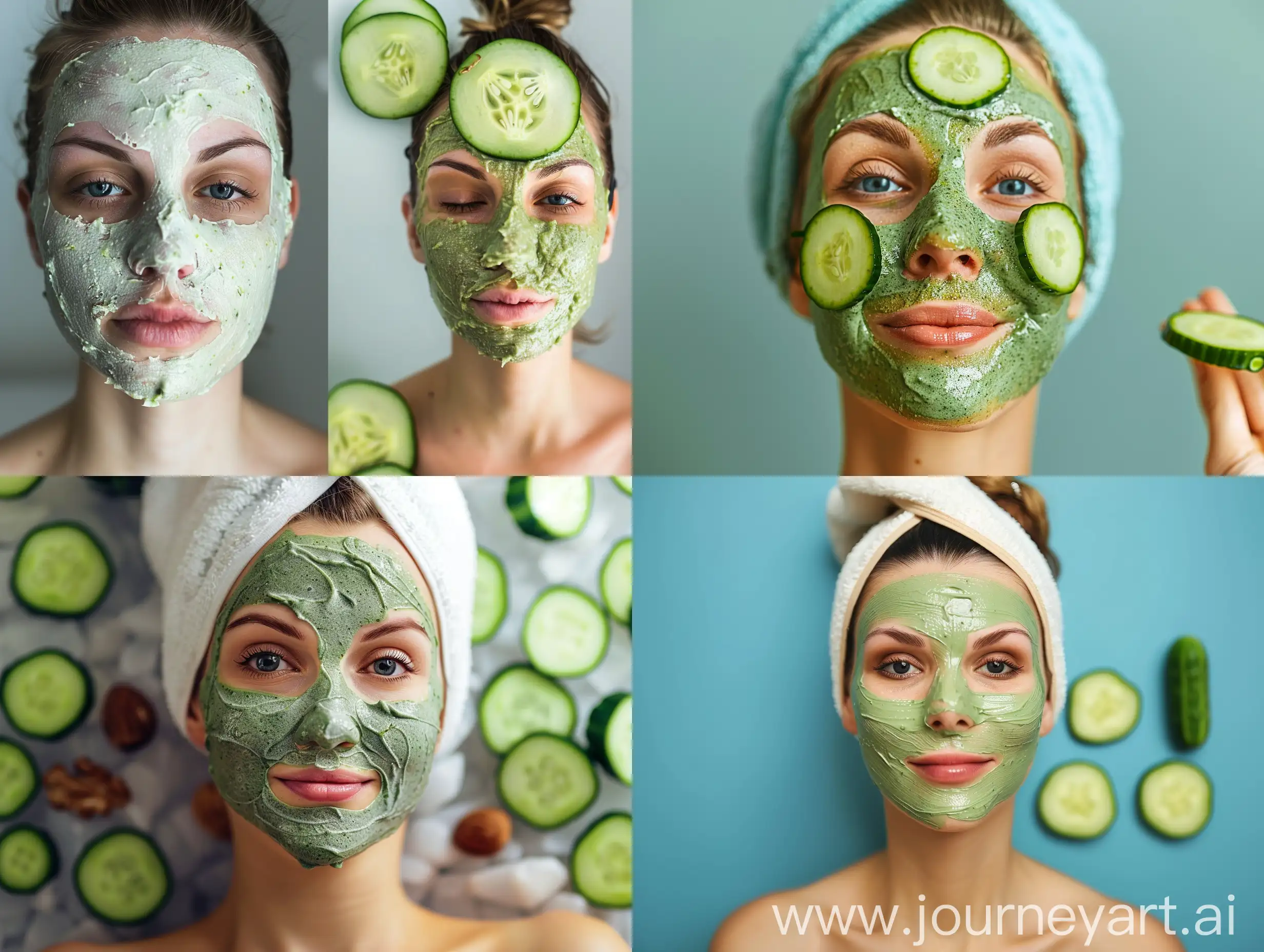 Natural and real photo of a woman wearing a cucumber puree mask