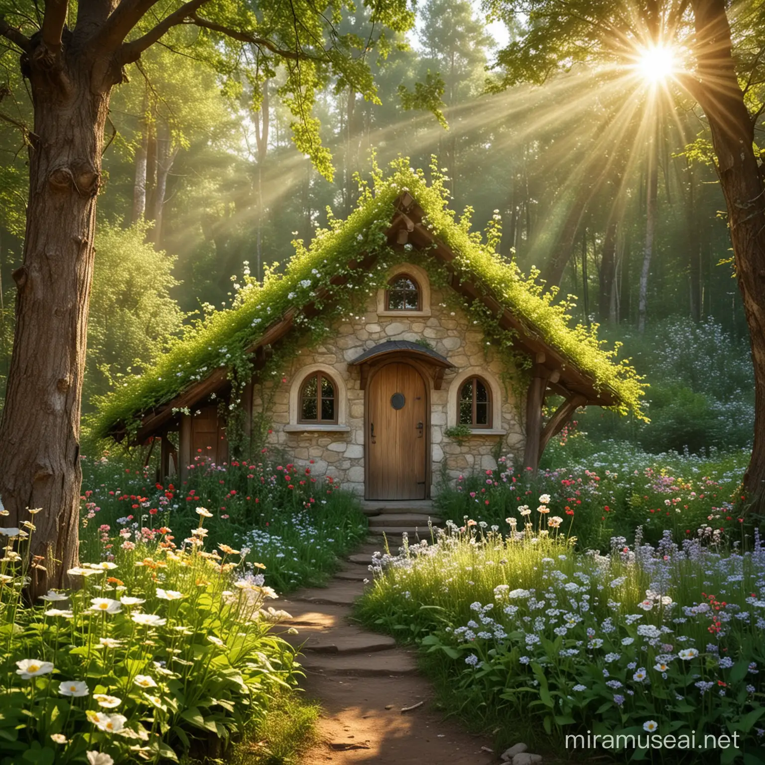 Будинок лісової феї в лісі серед ароматних квітів і в променях сонця