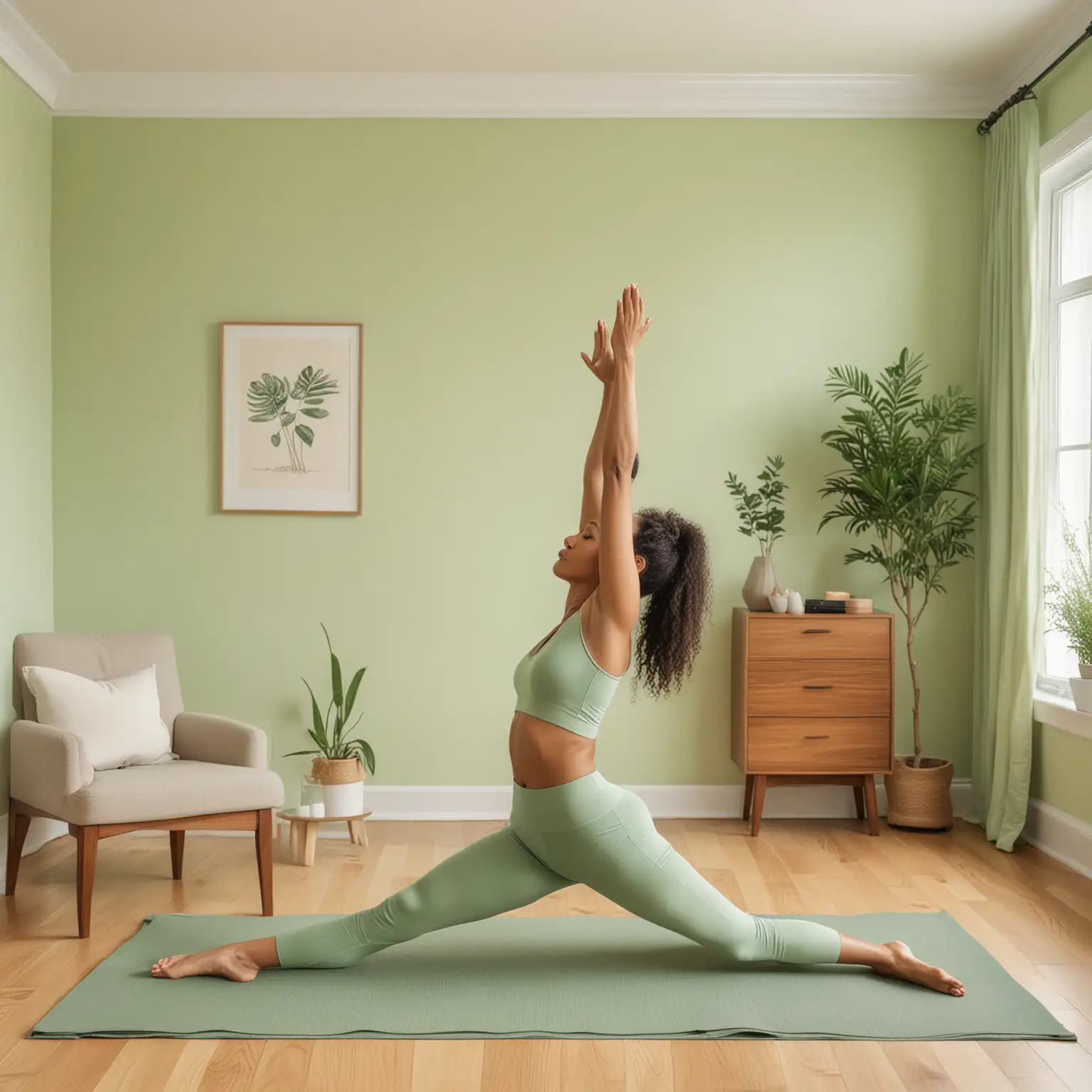 /imagine a simple hand drawn colored pencil drawing, of a biracial woman doing yoga in her living room, minimal, pencil texture, light green background