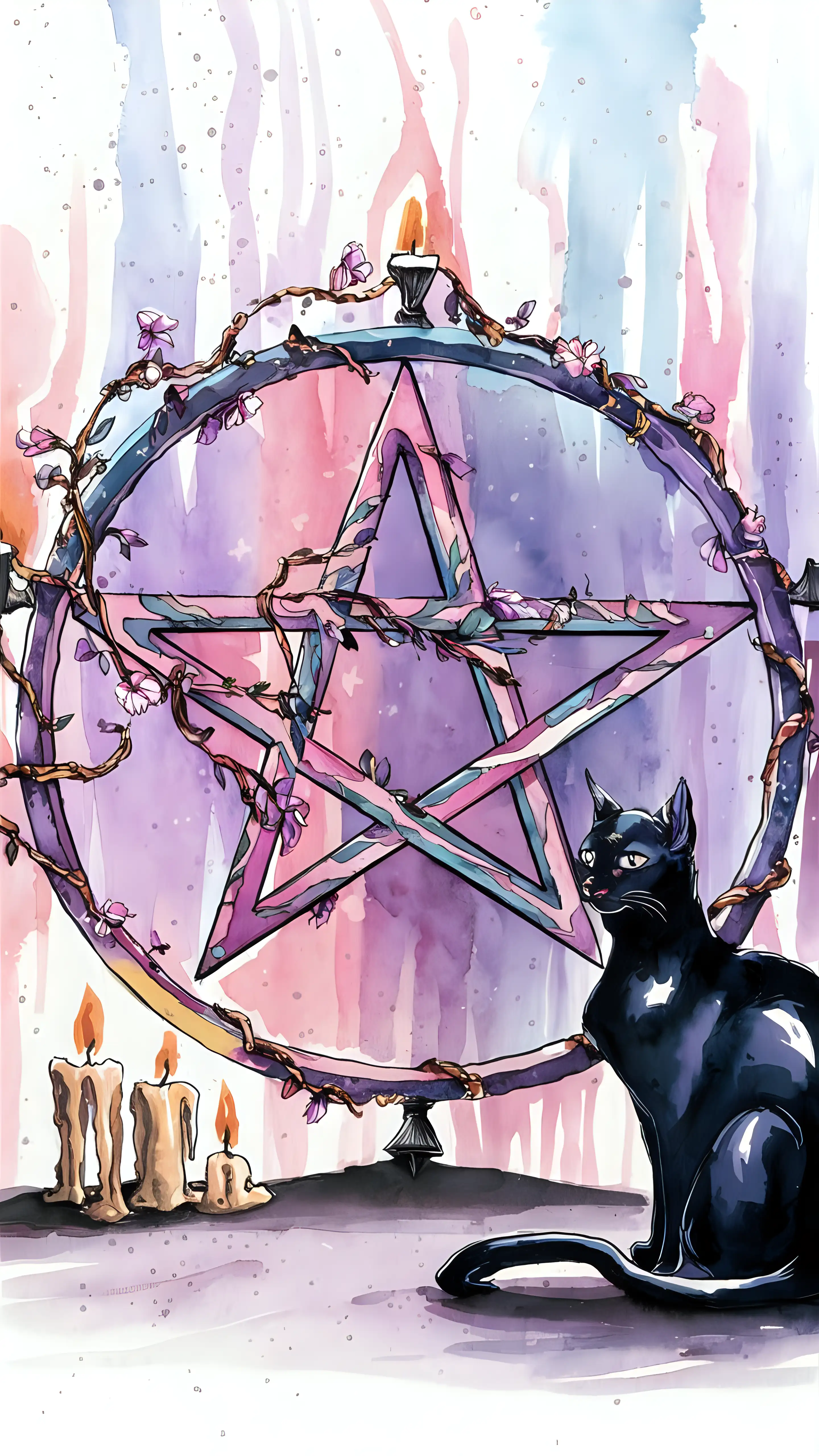a pastel coloured water colour painting of a pentagram in a circle with a vine entwined within it., candles are  alight around the circle, thee is a beautiful shiny black cat  sitting beside the circle