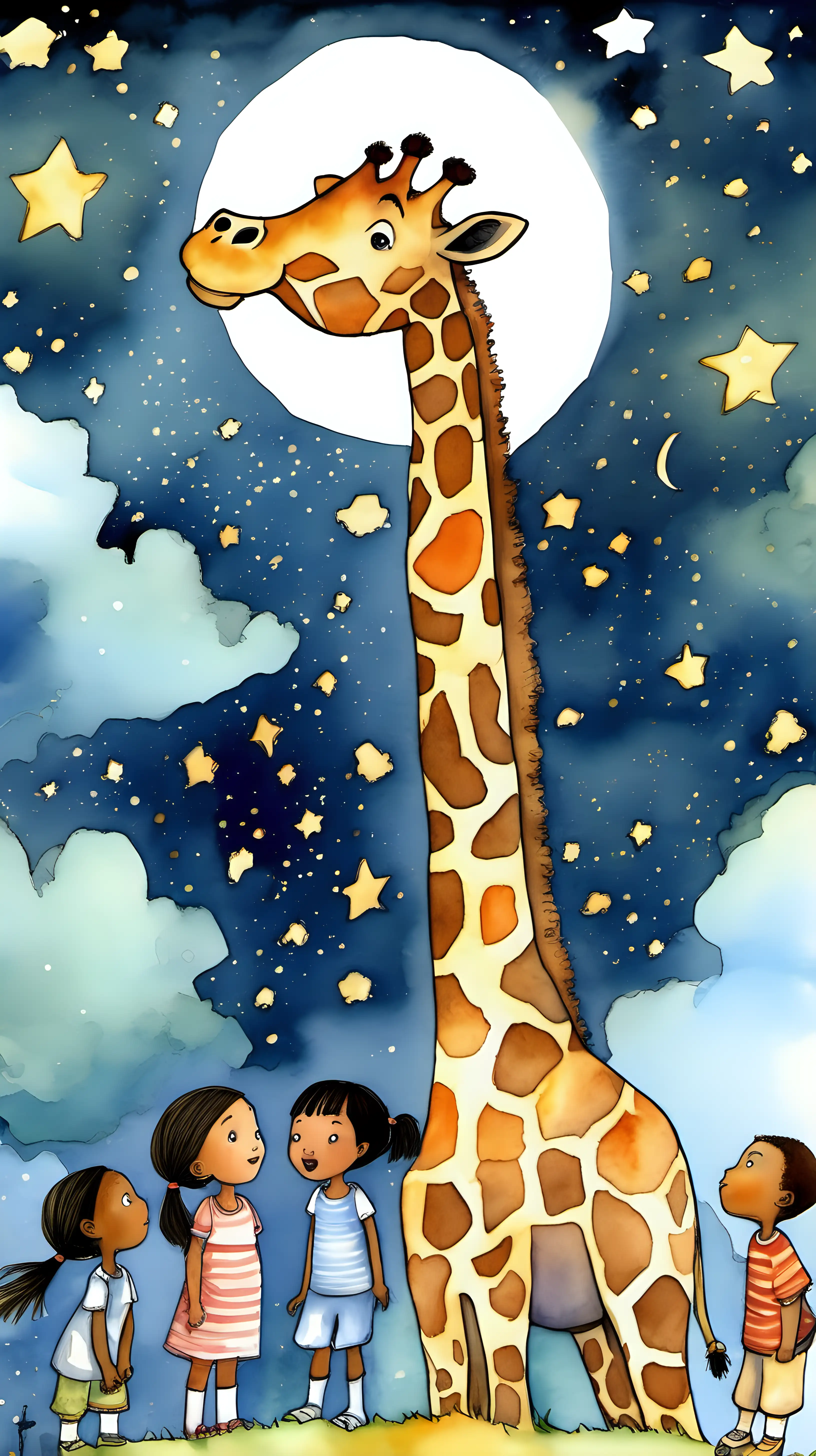 Diverse Children Entranced by Stella the StarFlying Giraffe in a Whimsical Night Town