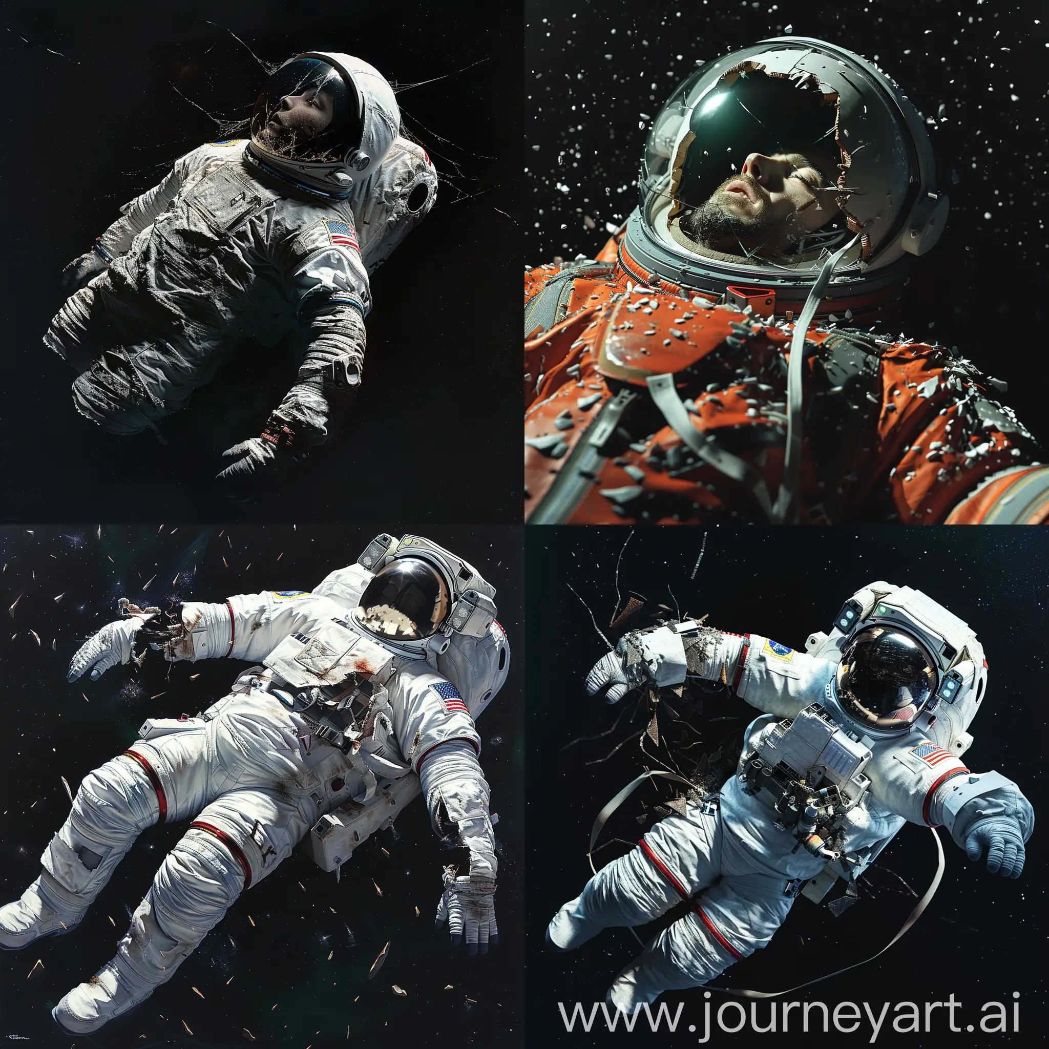 一个宇航员的尸体在太空中缓缓漂浮，他的太空服已经破损，头盔裂开，露出一张平静的面孔