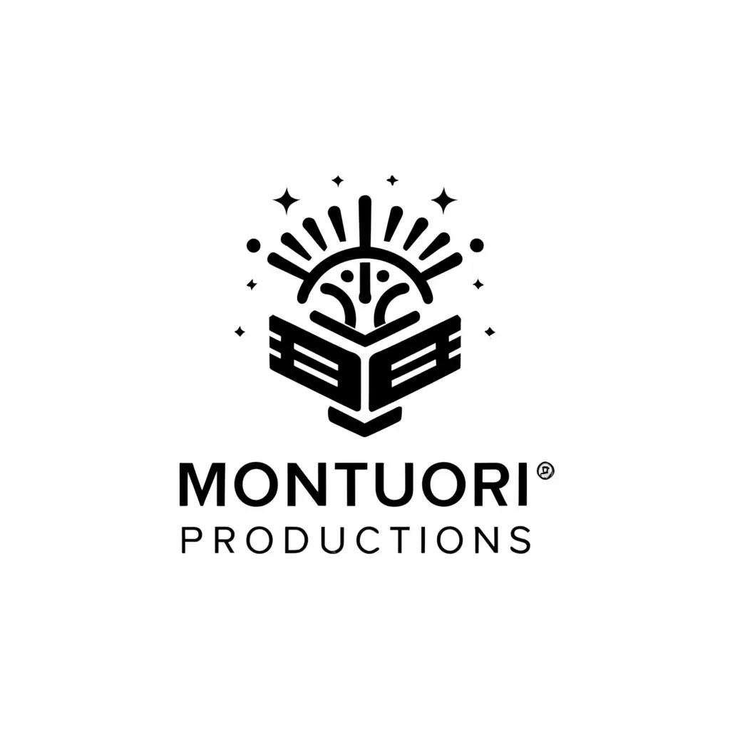 a logo design,with the text "Montuori Productions", main symbol:An open library book with magic coming out,Minimalistic,be used in Entertainment industry,clear background