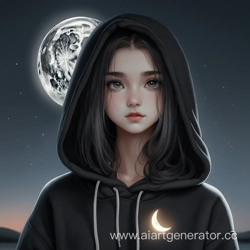 Взрослая девушка  с луной , в черном худи, светло-серыми глазами, темными длинными
 волосами, милая в руке яркая луна

