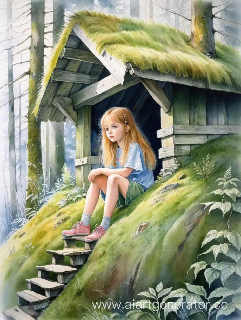 Slavic-Girl-Under-a-Roof-in-a-Lush-Forest-Watercolor-Scene