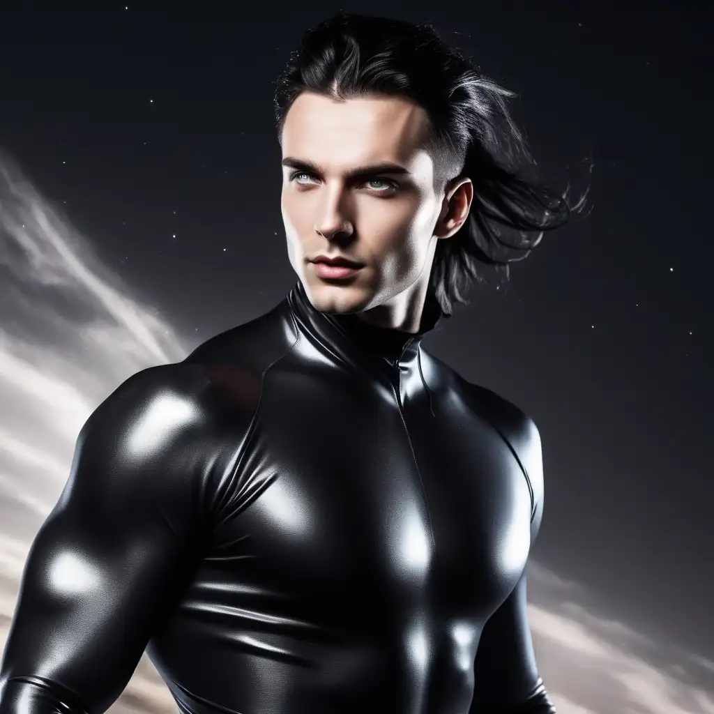 handsome Polish man, black hair, skintight black gray costume, black aura, black energy coming from eyes, flying in the sky, night