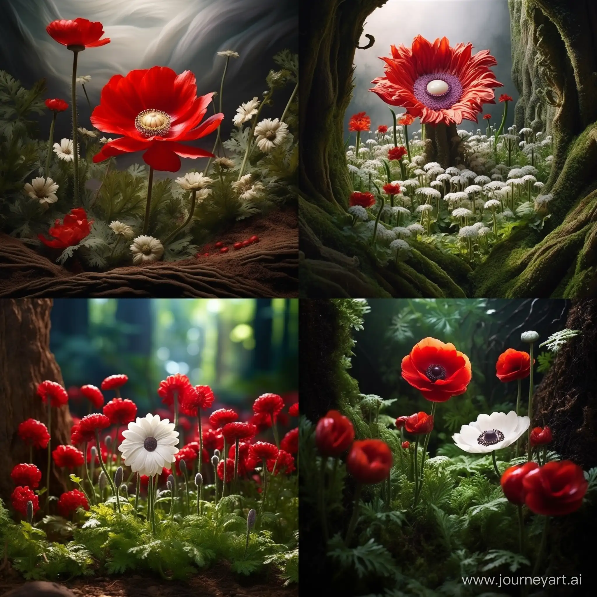 create this: one big red anemone coming growing from ground, there is little and not fully frown red anemones near it, there is also some grass that as it goes further from he big anemone the go less and less. the ground is completly white, the angel of the picture is from above