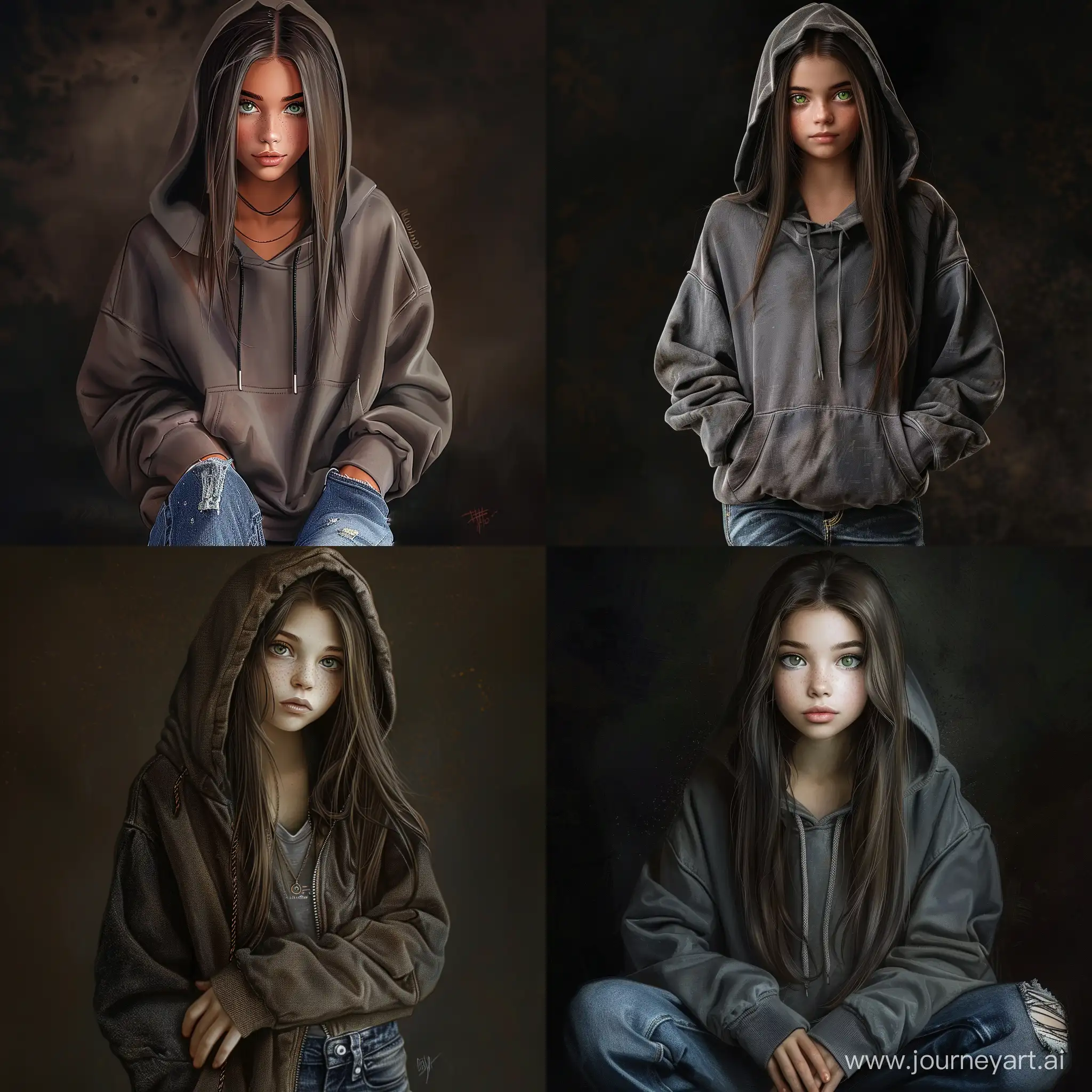 Beautiful girl, straight dark brown hair, gray-green eyes, white skin, teenager, 15 years old, dressed in jeans and oversize hoodie, high quality, high detail, dark background, realistic art