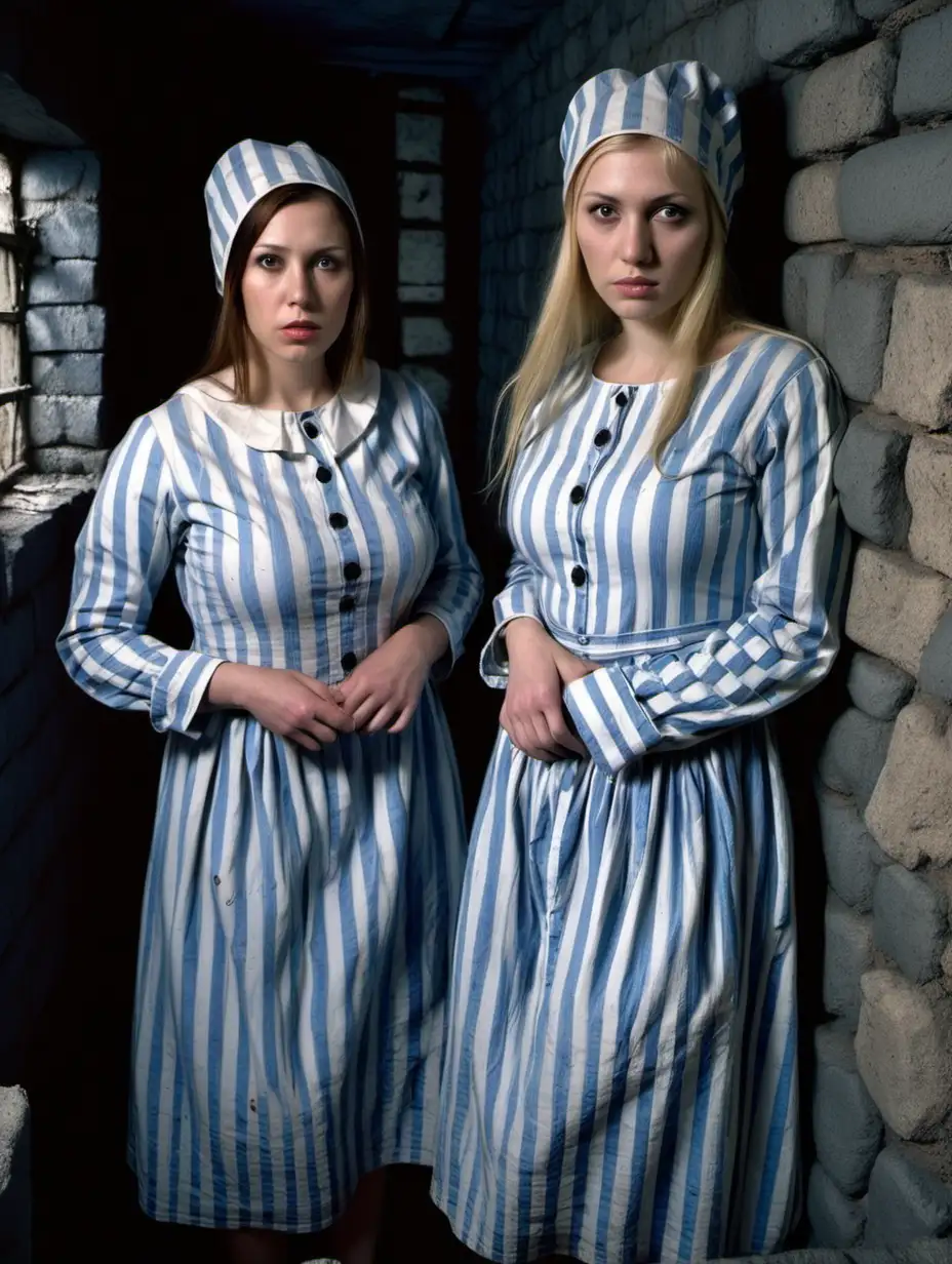 Two busty prisoner woman (30 years old, same dress) stand (far from each other)in a dungeoncell (Stone walls, small window) in dirty ragged blue-white vertical striped longsleeve midi-length buttoned gowndress(smallshortbonnet , collarless, roundneck, sad and desperate), look into camera