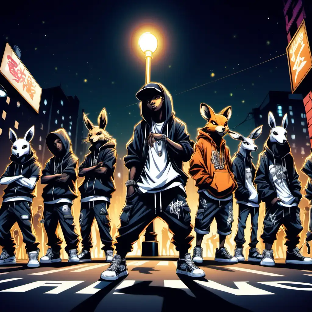Create fantady anime style logo of diffetent animals dressed in urban hip hop clothing, posing on street corner, under street light, performing different interactions with people crowded around