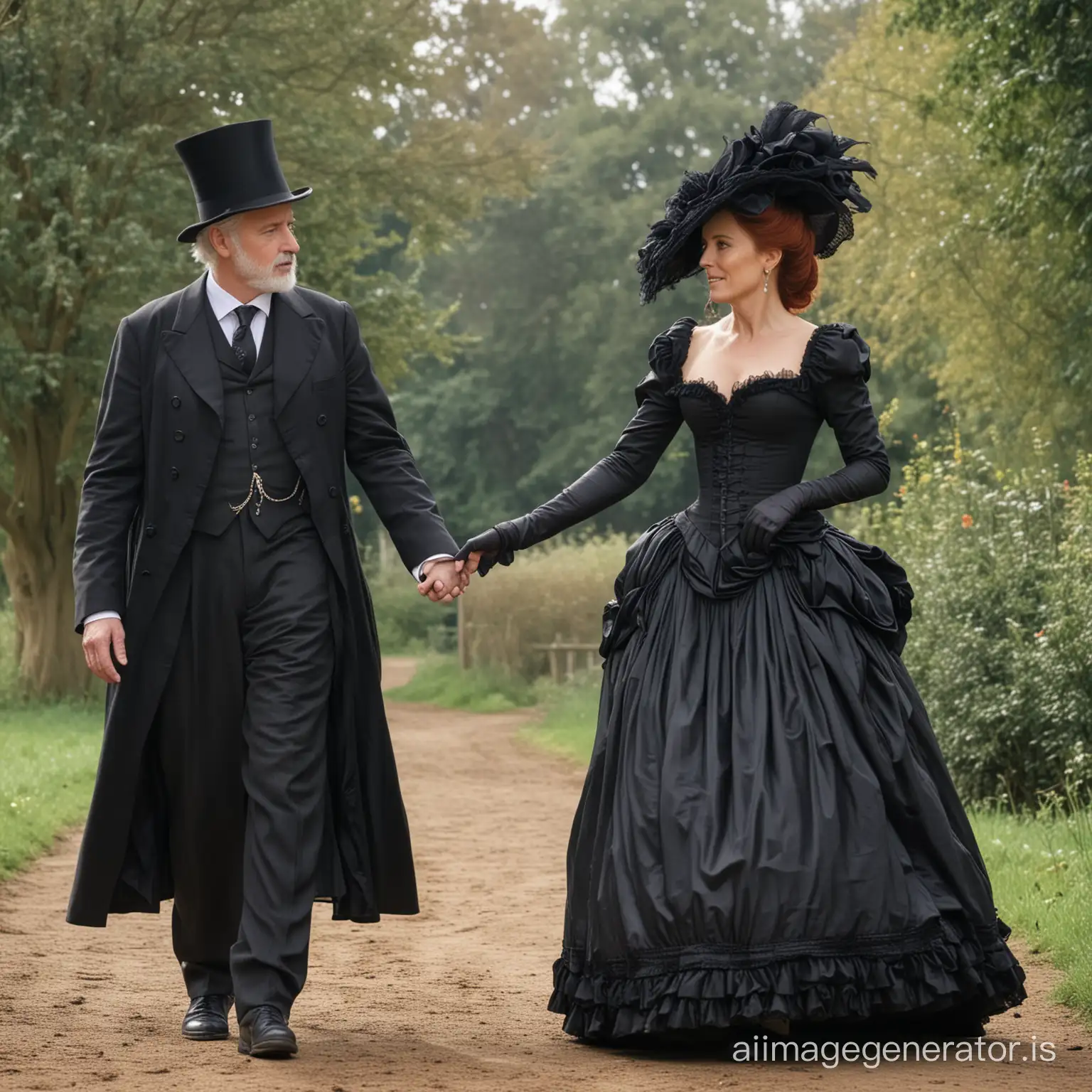 Victorian-Newlyweds-Strolling-Elegant-Redhaired-Bride-and-Dapper-Groom