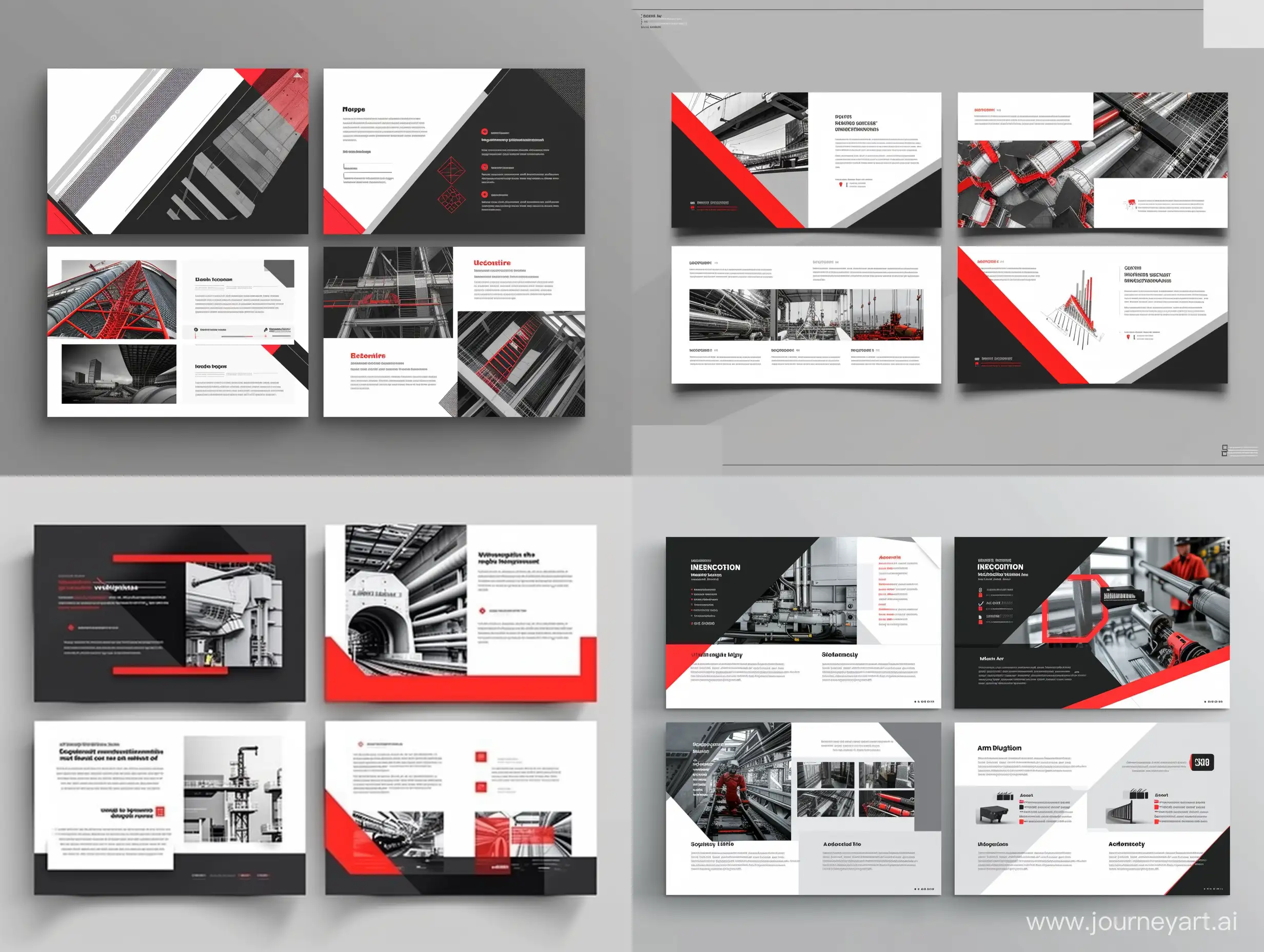 дизайн 4 слайдов презентации инженерной компании в черных, белых, серых и красных цветах


