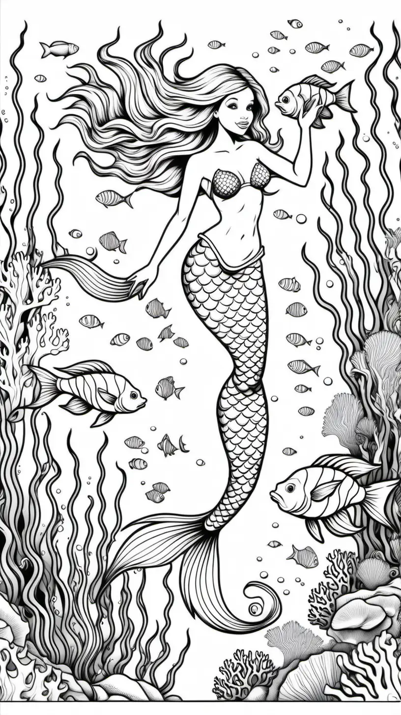 dibujo para colorear con fondo blanco y lineas negras de una sirena  nadando con peces y corales