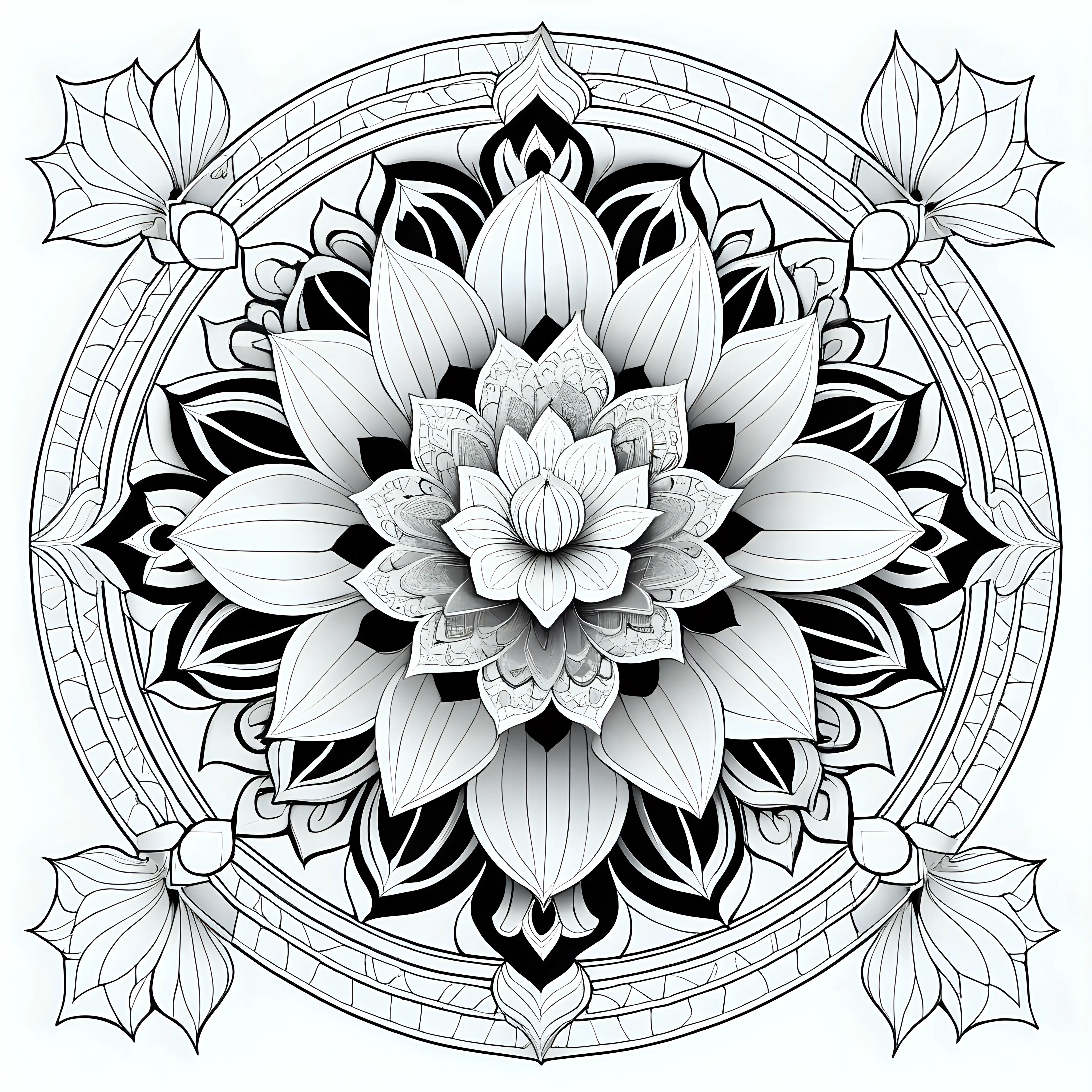 Coloring page with a lotus flower in the center of a detailed and very defined 3d mandala on a white background, no color