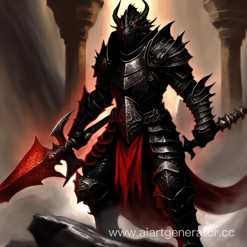 Paladin, black dragonborn with red eyes
