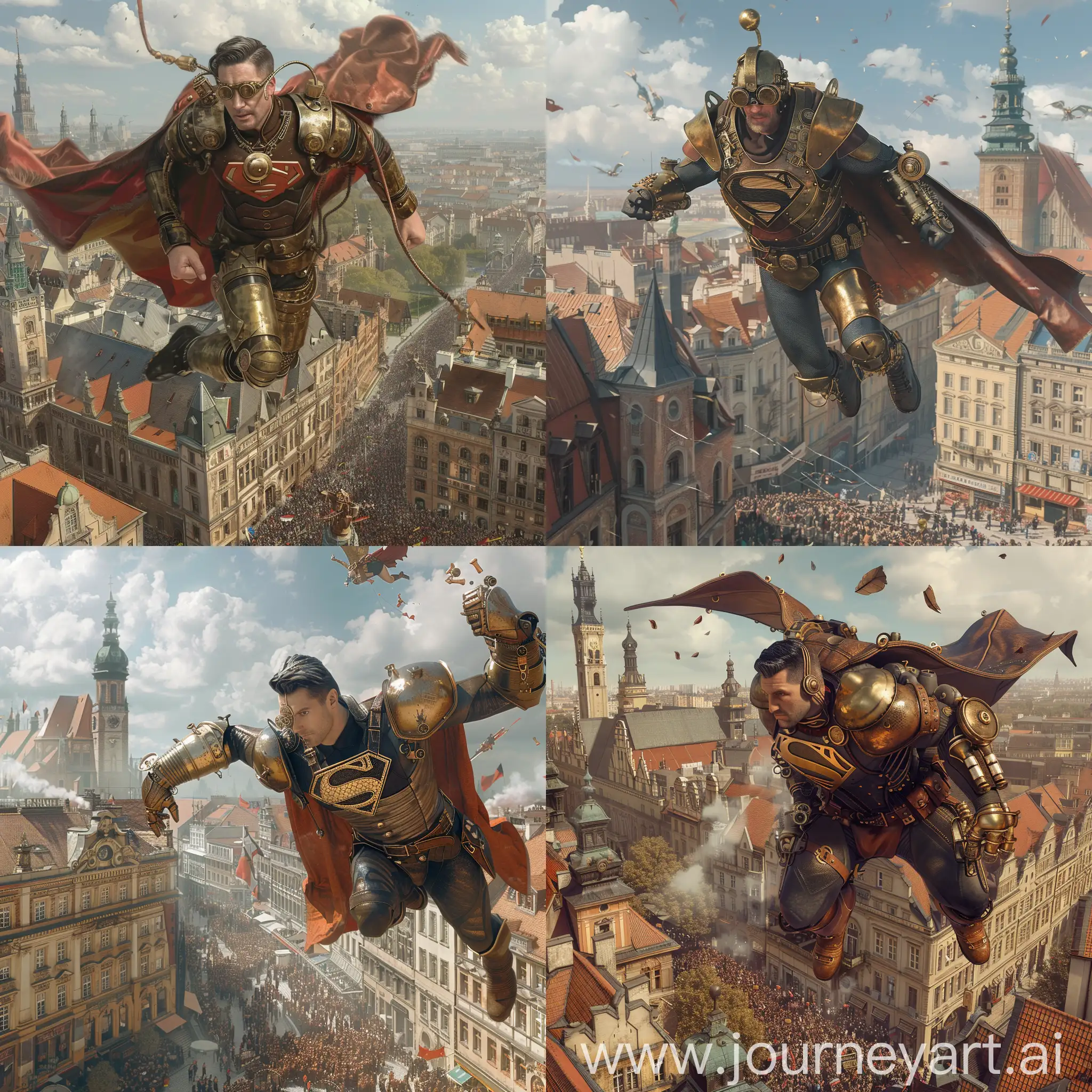 In a steampunk-infused Warsaw, a version of Wojciech Szczęsny dons a Superman costume made of brass and leather, flying over the city's Neo-Gothic architecture as fans cheer on a football triumph below, blending the old with the fantastical in a detailed 8K resolution.