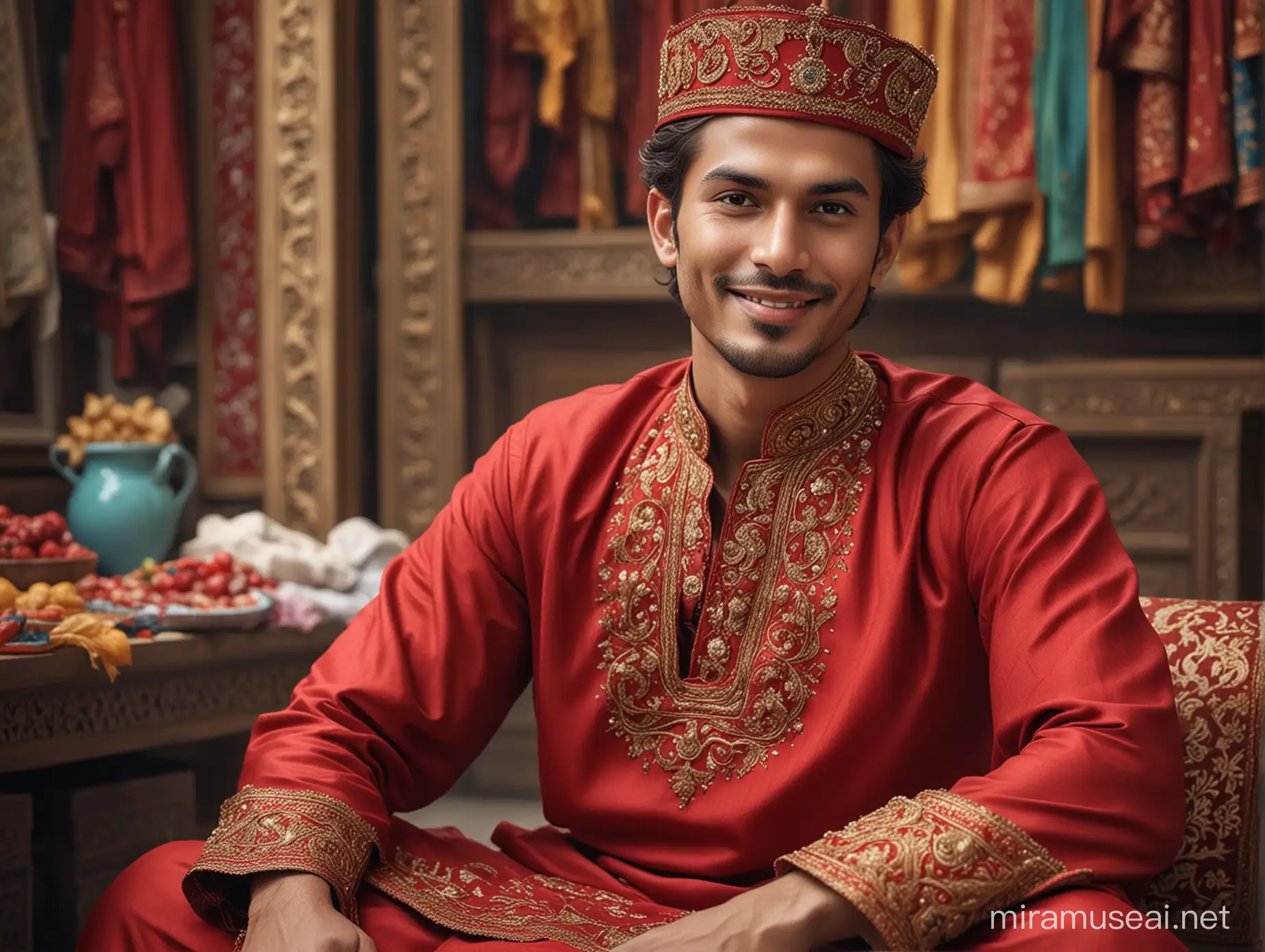  masterpiece, best quality, Red Devil, Satan representation, Realistic photo style, body full red , Sitting in the middle of Asian market shrewdly smiling , front facing, face to face, wearing traditional Pakistani male dress, salwar and kameez middle of the photo, body shows from belly to head, silghty large body meaningful, impactful, crisp, defined linework, random frayed edges, torn edges, regal ornamentation, professional color grading, (photographic, photogenic))), extremely high quality, high detail RAW color photo