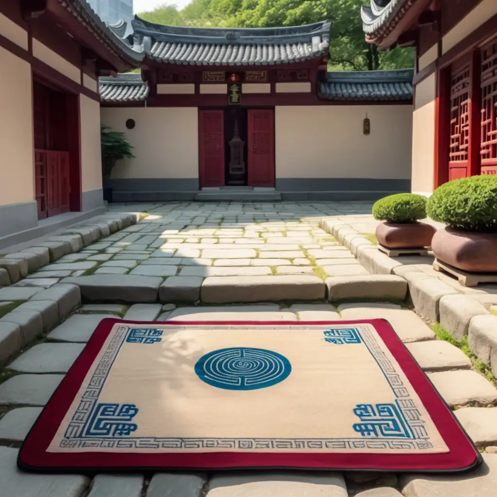 a prayer mat on a stone courtyard that a wuxia disciple my meditate on.