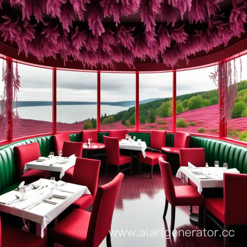 Ресторан с понарамными окнами , в красно-зеленых цветах , цветами багульника на стенах 