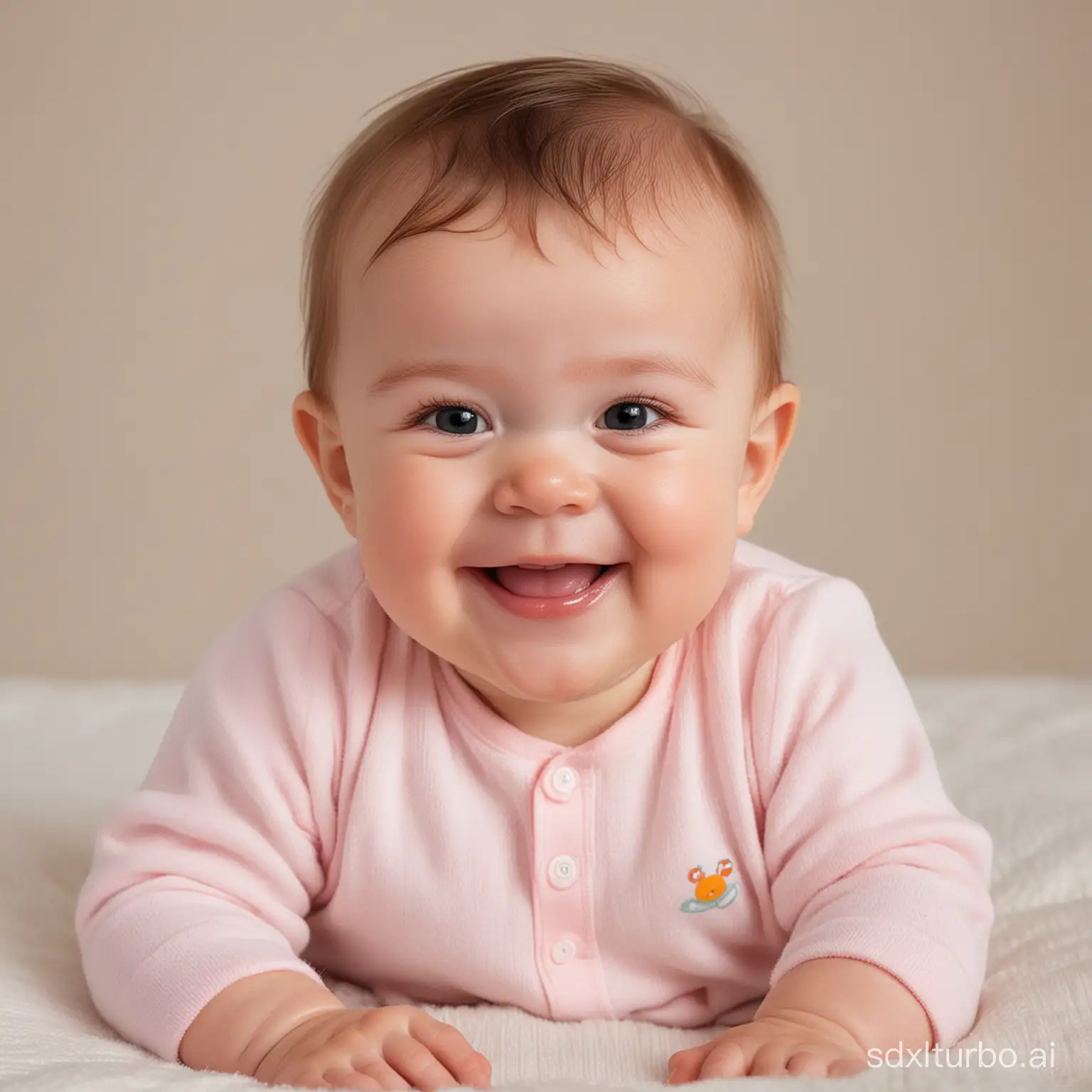 A rosy-cheeked happy baby is smiling sweetly, sitting