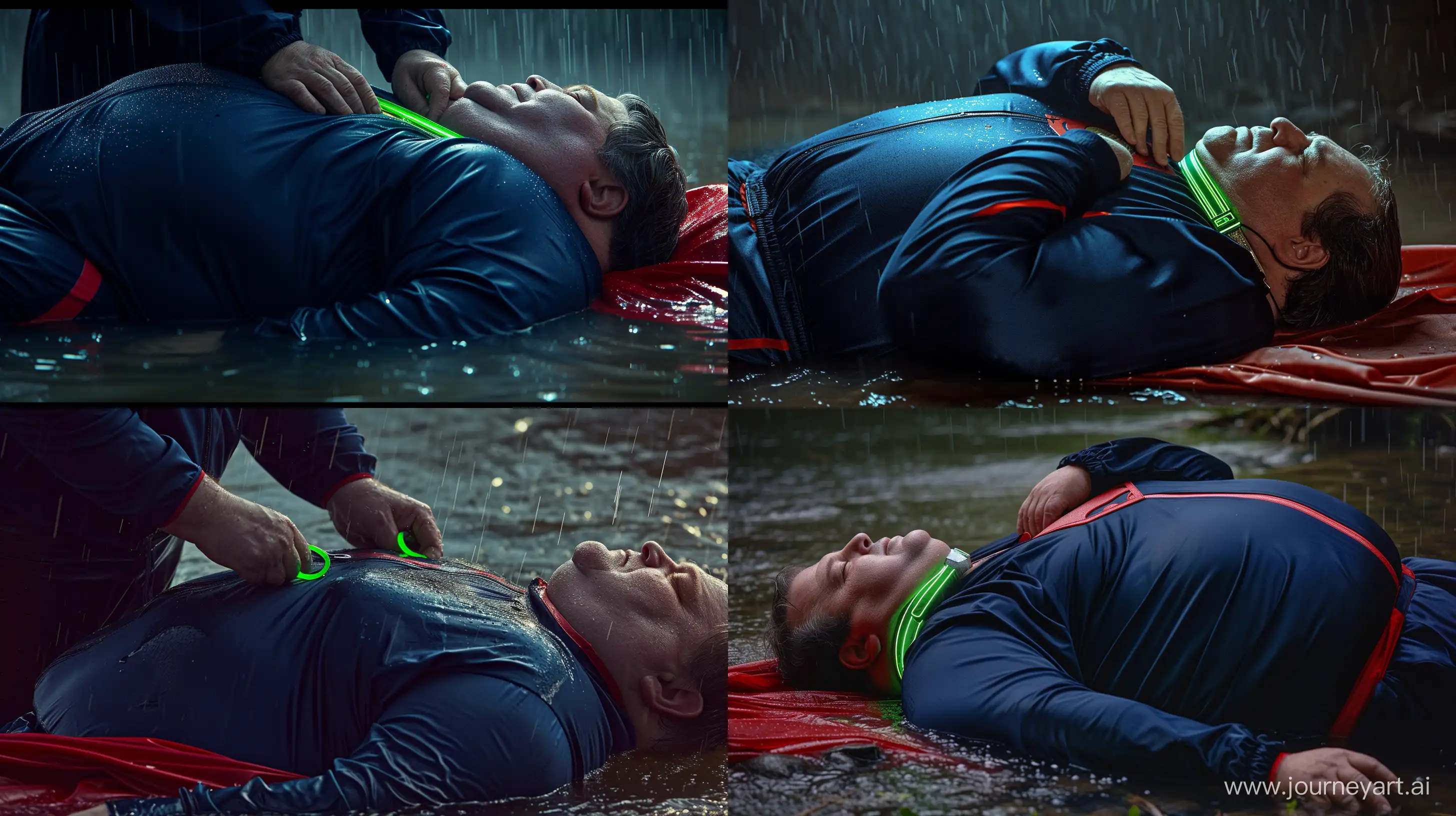 Close-up photo of an overweight man aged 60 wearing a navy silk blue tracksuit with a red stripe on the pants. He is tightening a tight green glowing neon dog collar on the nape of a fat man aged 60 wearing a tight blue 1978 smooth superman costume with a red cape lying in the rain. Natural Light. River. --style raw --ar 16:9