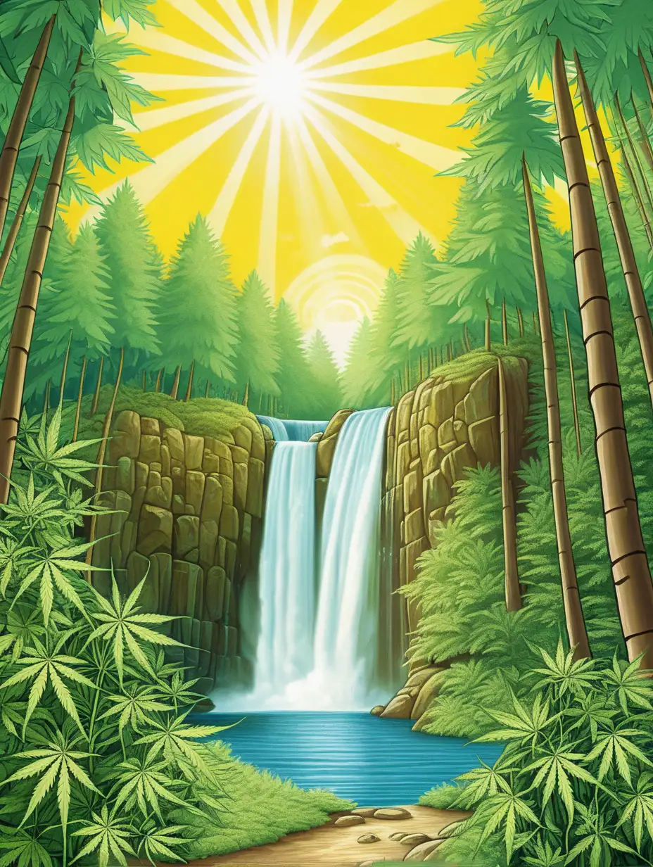 Cartoon Cannabis Field with Forest and Waterfall