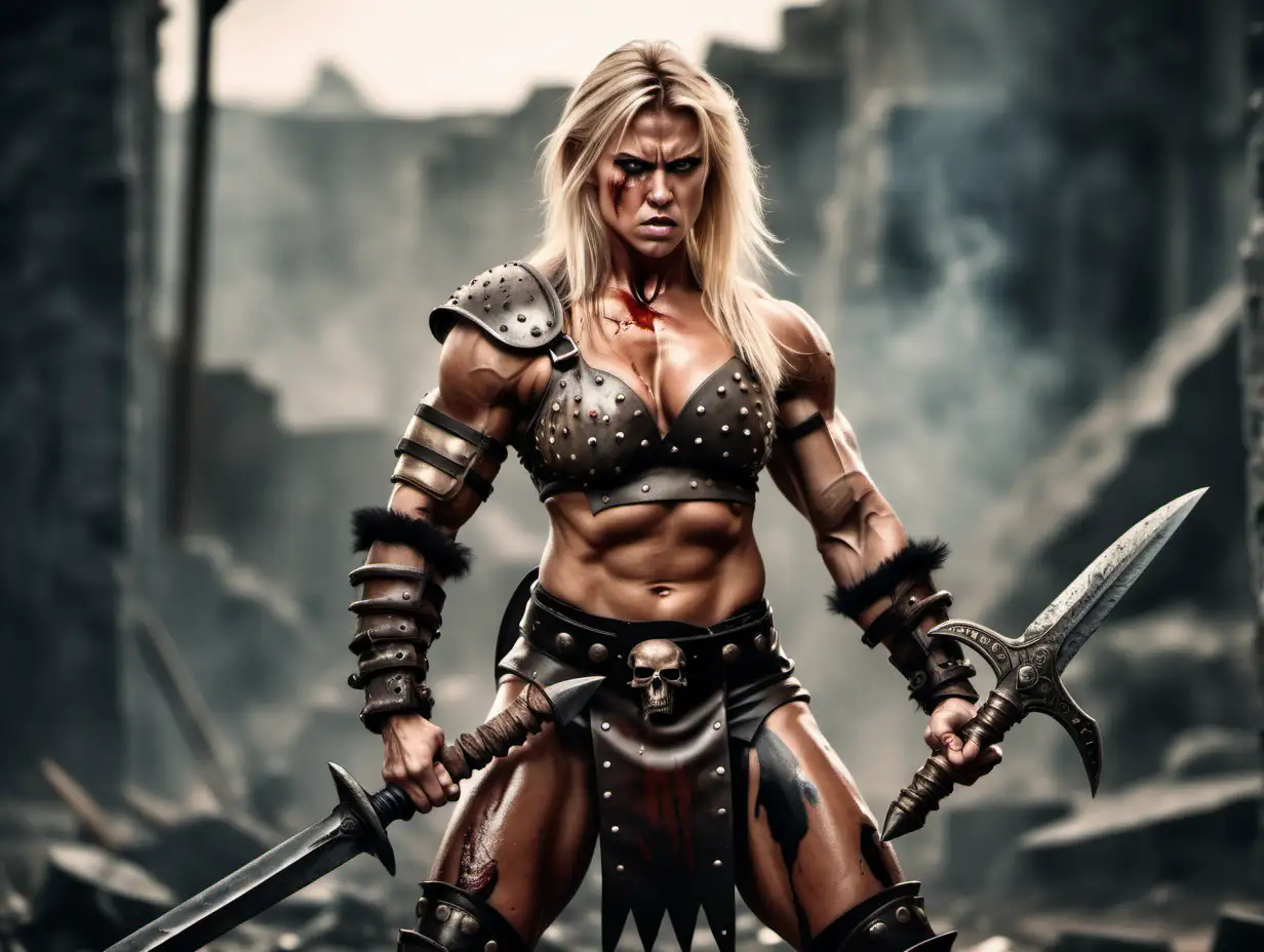 Fierce Female Barbarian Warrior Flexing Muscles on Bloodied Battlefield