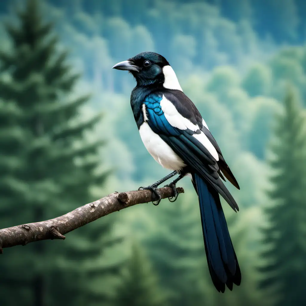 magpie sitting on a branch with forest in the background