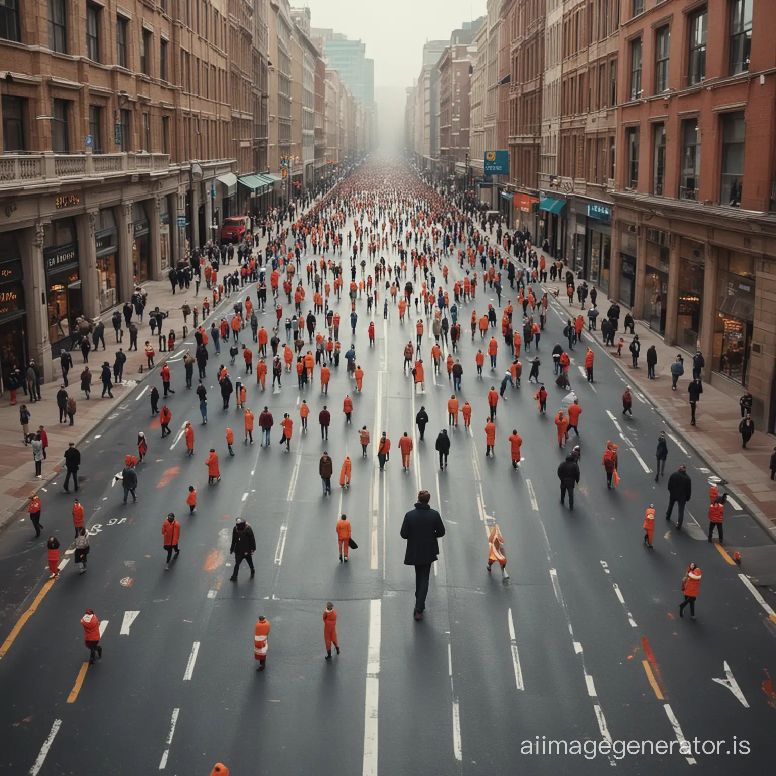 A man walks along the noisy street of the city, surrounded by many pedestrians and cars in the style of Elizabeth Gadd.