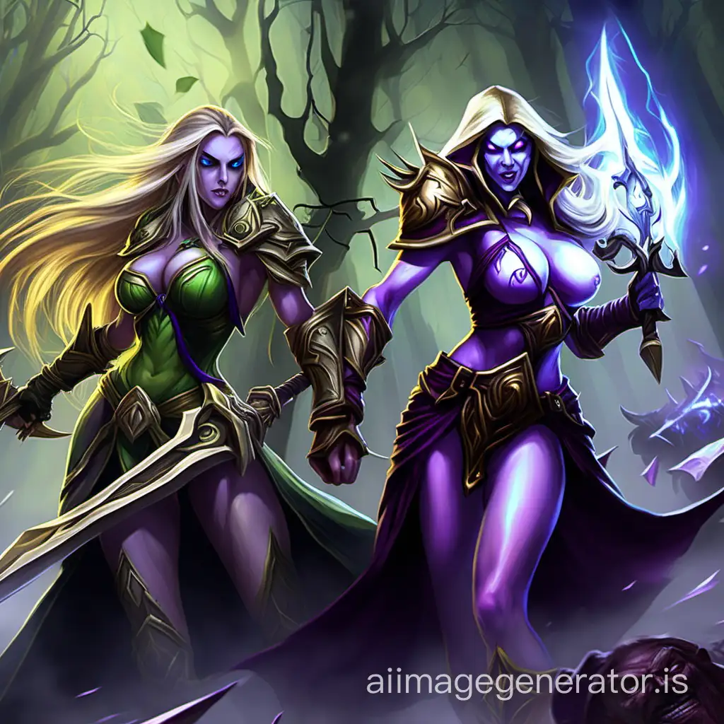 An epic battle between a naked Jaina Proudmoore and a naked Sylvanas Windrunner