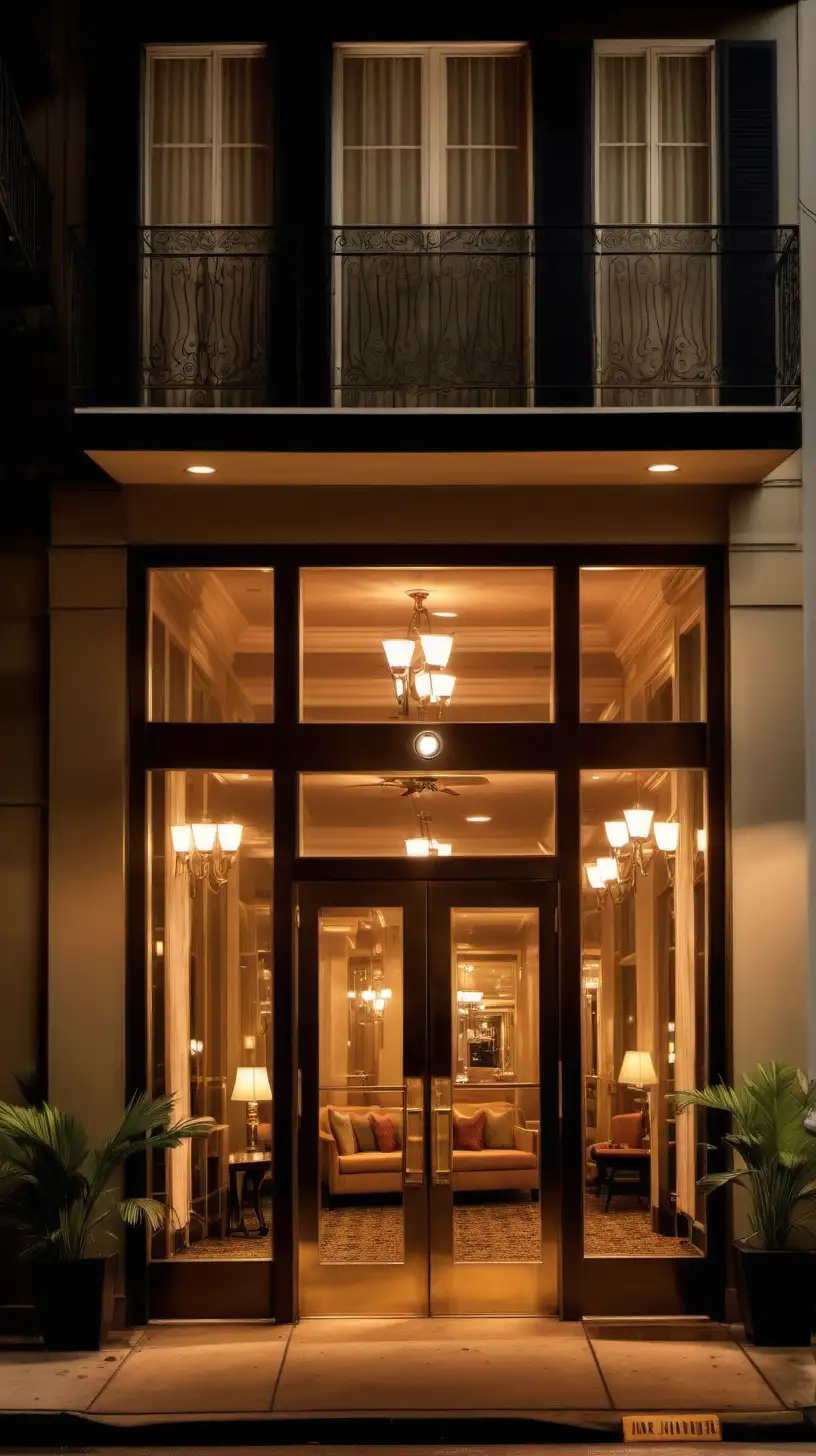 street view, glass doors of hotel, night time, New Orleans, warm inviting lights 