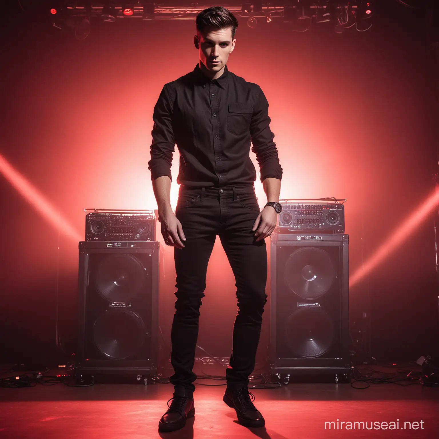 A professional photograph of a man in all black modern clothing, slim black jeans, black shoes and short hair, behind a DJ setup on a stage with bold red lighting 