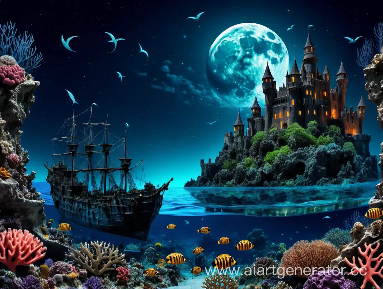 Фон ночь луна, замок на заднем плане, затонувший корабль, коралловые рифы