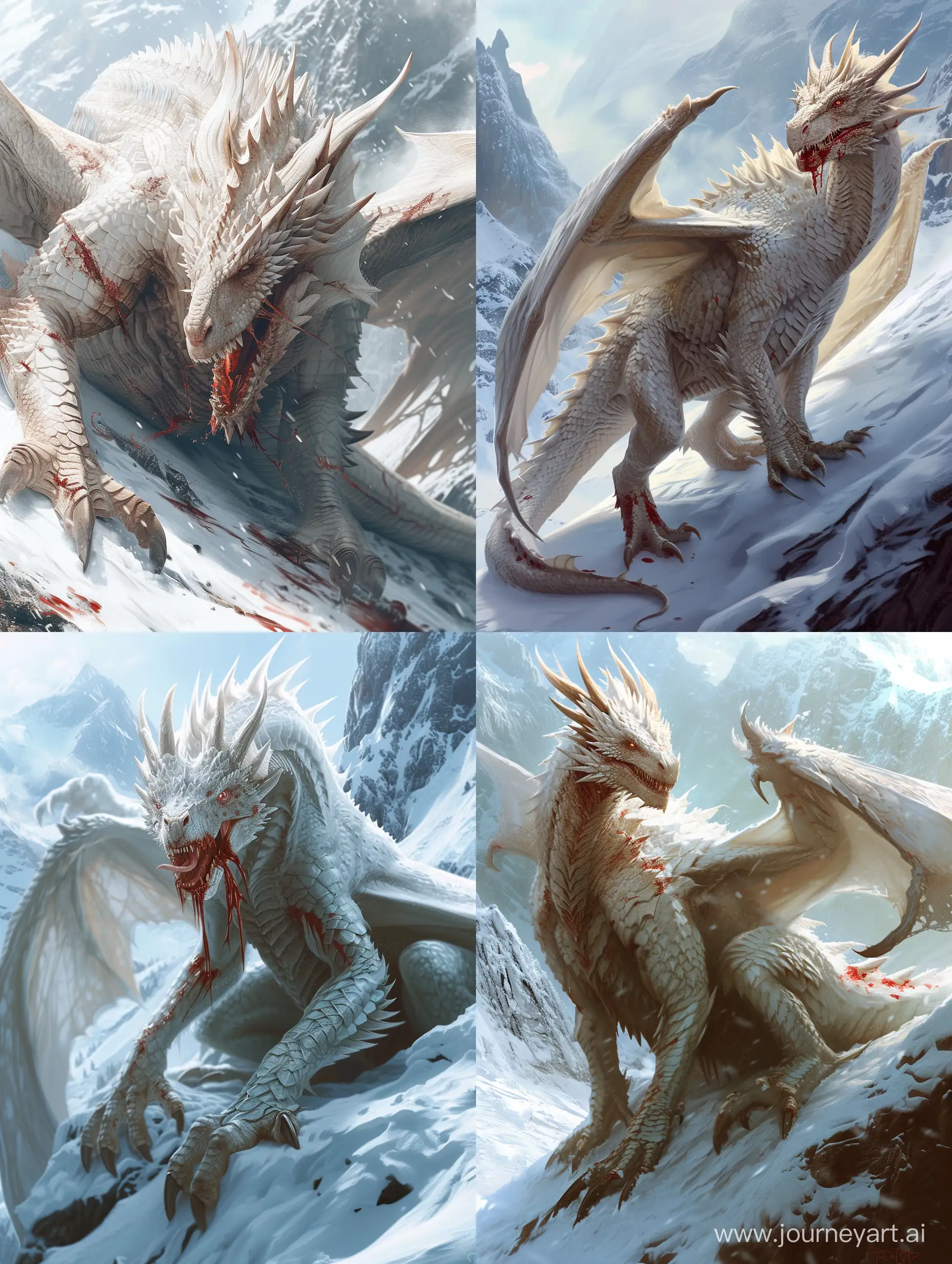 A huge maned white dragon with scales and blades on its back on 
snowy mountain,The most stubborn dragon among its kind,snow,blood,intricate,incredible detail,warm light,terrifying.