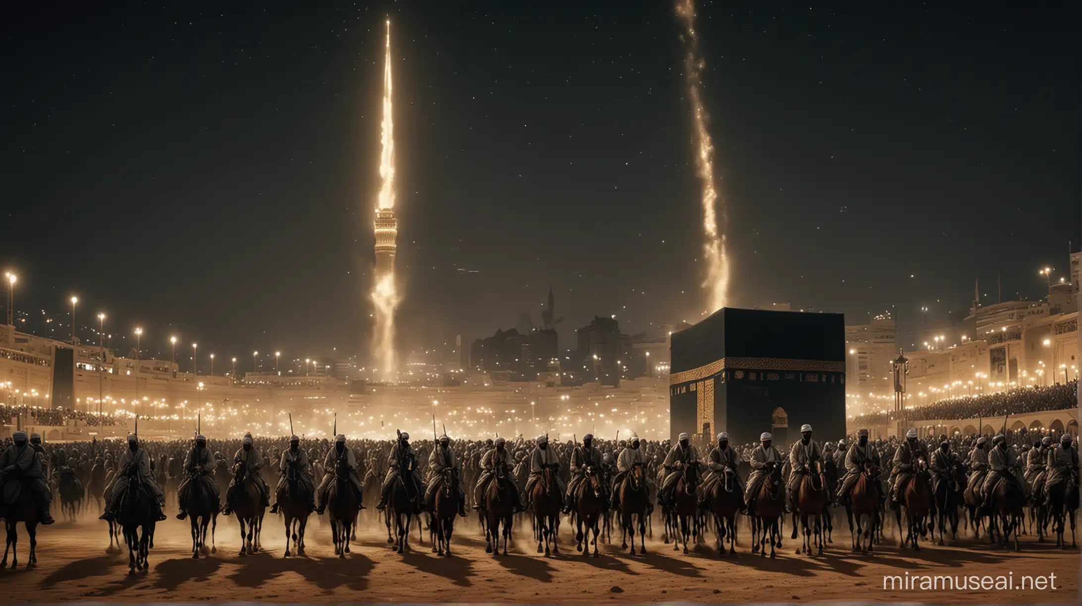 Create a realistic image, vivid details, cinematic view of  Prophet Muhammad and his military army entering around Kaaba, Dune night, for the conquest of Mecca, a military campaign undertaken by Prophet Muhammad and his companions during the Muslim–Quraysh War following a break in the peace treaty by the Quraish on 8 AH. 