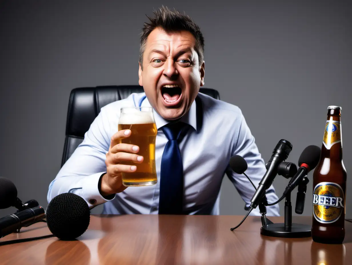 drunk ceo at press conference with microphones on desk in front of him and a beer in hand
